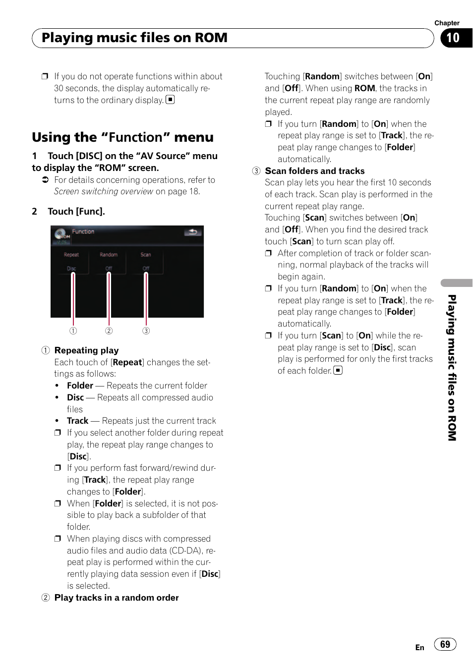 Using the, Function” menu 69, Using the “function” menu | Playing music files on rom | Pioneer Premier Flash Memory Multimedia AV Navigation Receiver AVIC-F90BT User Manual | Page 69 / 189