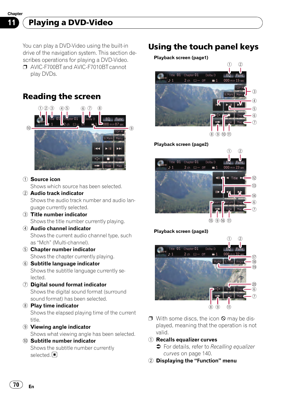 Playing a dvd-video reading the screen, Using the touch panel keys, Reading the screen | Playing a dvd-video | Pioneer Premier Flash Memory Multimedia AV Navigation Receiver AVIC-F90BT User Manual | Page 70 / 189