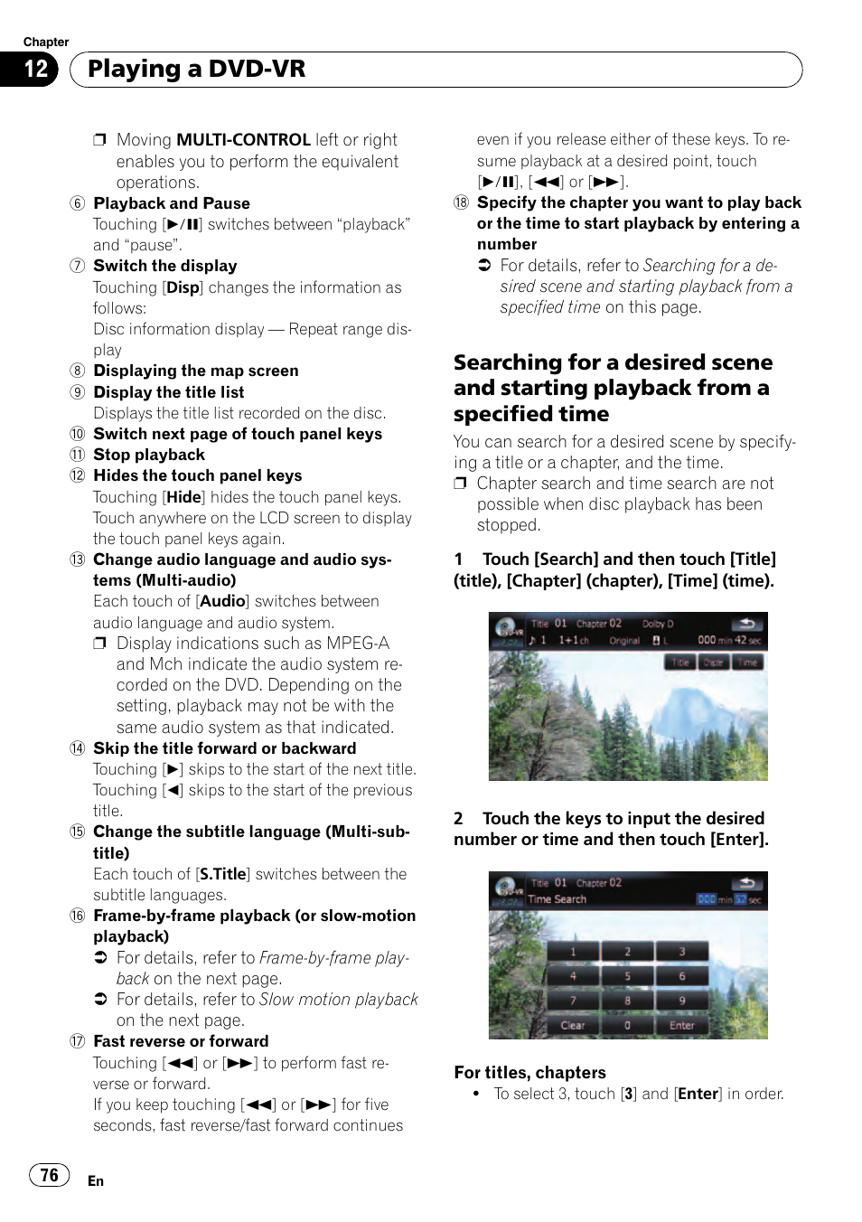 Searching for a desired scene and, Starting playback from a specified time, Playing a dvd-vr | Pioneer Premier Flash Memory Multimedia AV Navigation Receiver AVIC-F90BT User Manual | Page 76 / 189