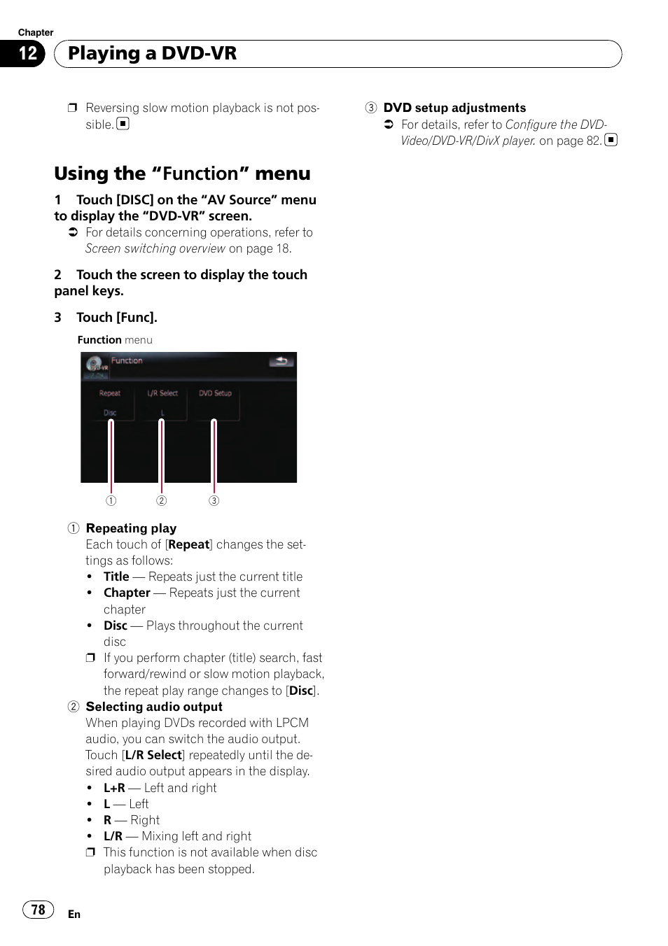 Using the, Function” menu 78, Using the “function” menu | Playing a dvd-vr | Pioneer Premier Flash Memory Multimedia AV Navigation Receiver AVIC-F90BT User Manual | Page 78 / 189