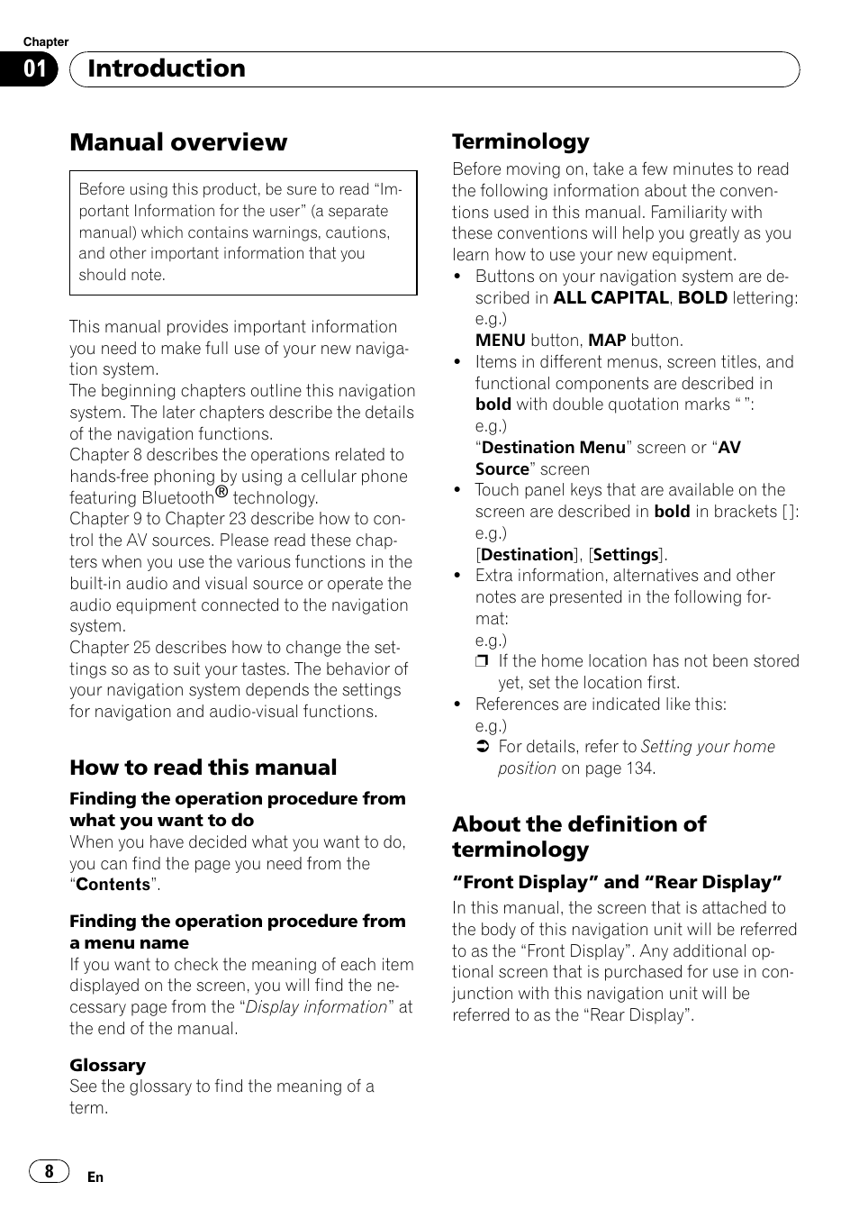 Introduction manual overview, How to read this manual 8, Terminology 8 | About the definition of terminology 8, Manual overview, Introduction, How to read this manual, Terminology, About the definition of terminology | Pioneer Premier Flash Memory Multimedia AV Navigation Receiver AVIC-F90BT User Manual | Page 8 / 189
