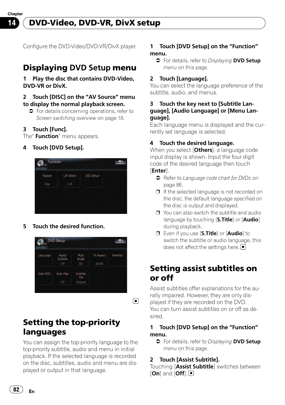 Setting the top-priority languages, Setting assist subtitles on or off, Displaying dvd setup menu | Dvd-video, dvd-vr, divx setup | Pioneer Premier Flash Memory Multimedia AV Navigation Receiver AVIC-F90BT User Manual | Page 82 / 189