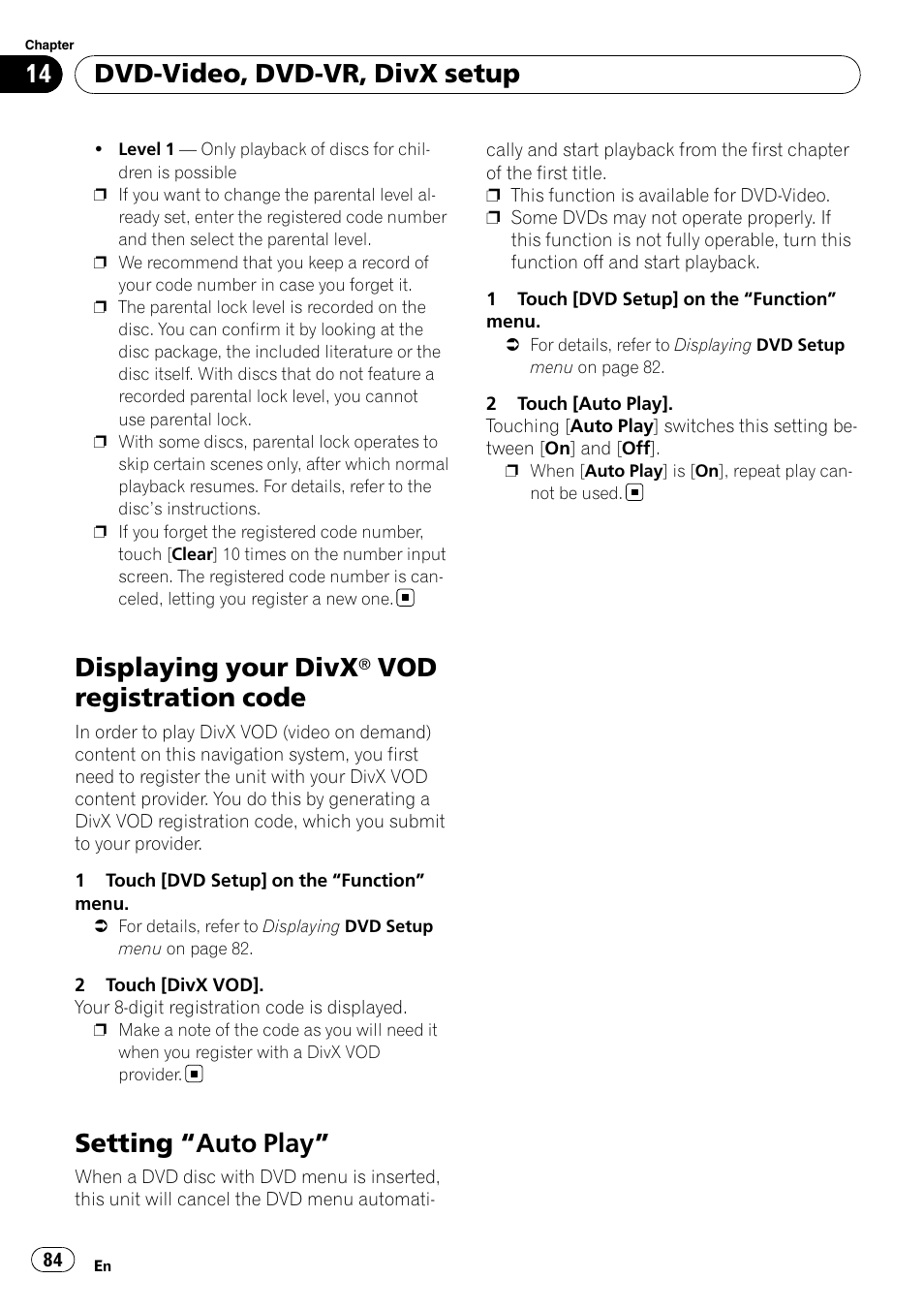 Displaying your divx® vod registration, Code, Setting | Auto play” 84, Displaying your divx, Vod registration code, Setting “auto play, Dvd-video, dvd-vr, divx setup | Pioneer Premier Flash Memory Multimedia AV Navigation Receiver AVIC-F90BT User Manual | Page 84 / 189