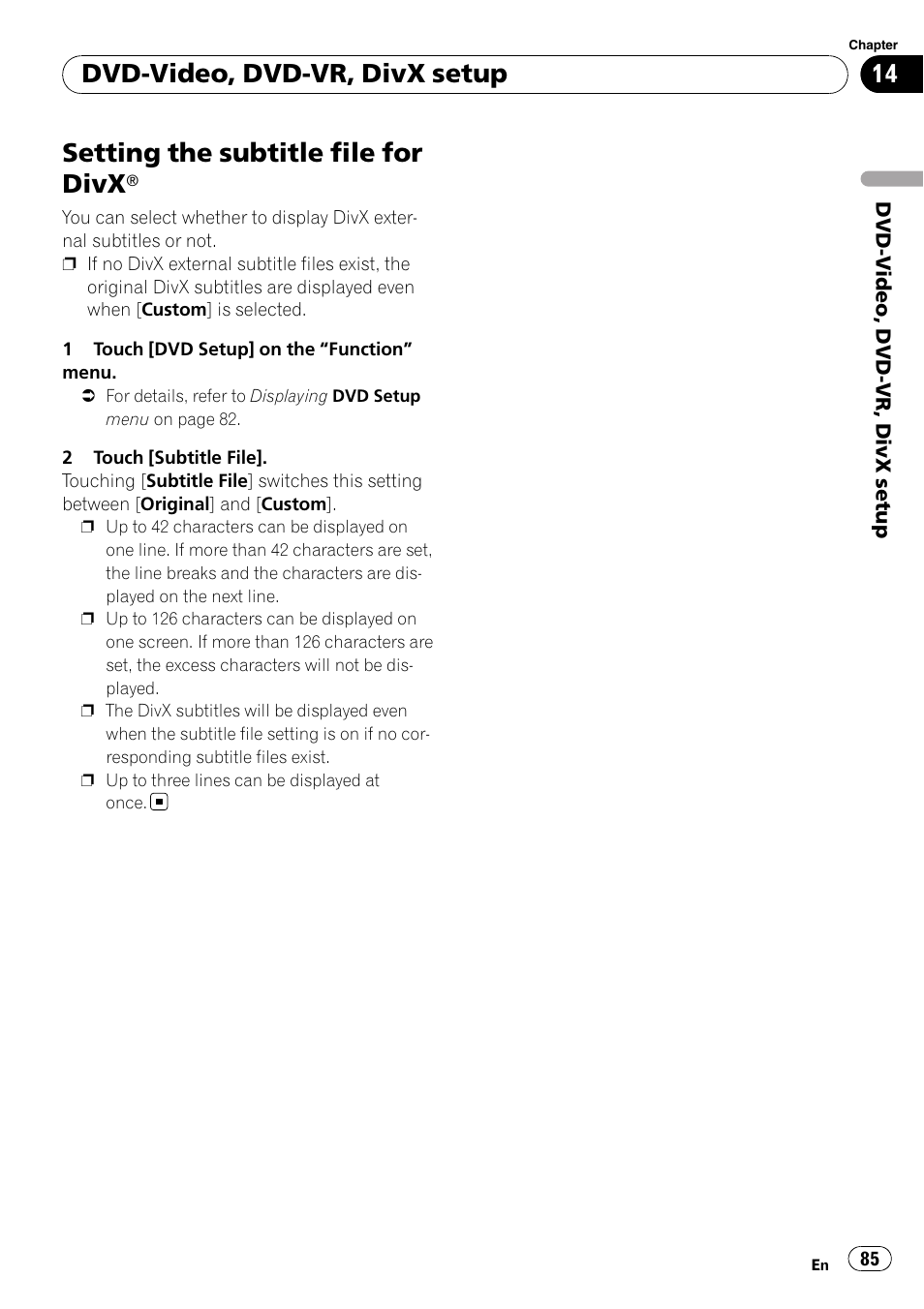 Setting the subtitle file for divx, Dvd-video, dvd-vr, divx setup | Pioneer Premier Flash Memory Multimedia AV Navigation Receiver AVIC-F90BT User Manual | Page 85 / 189