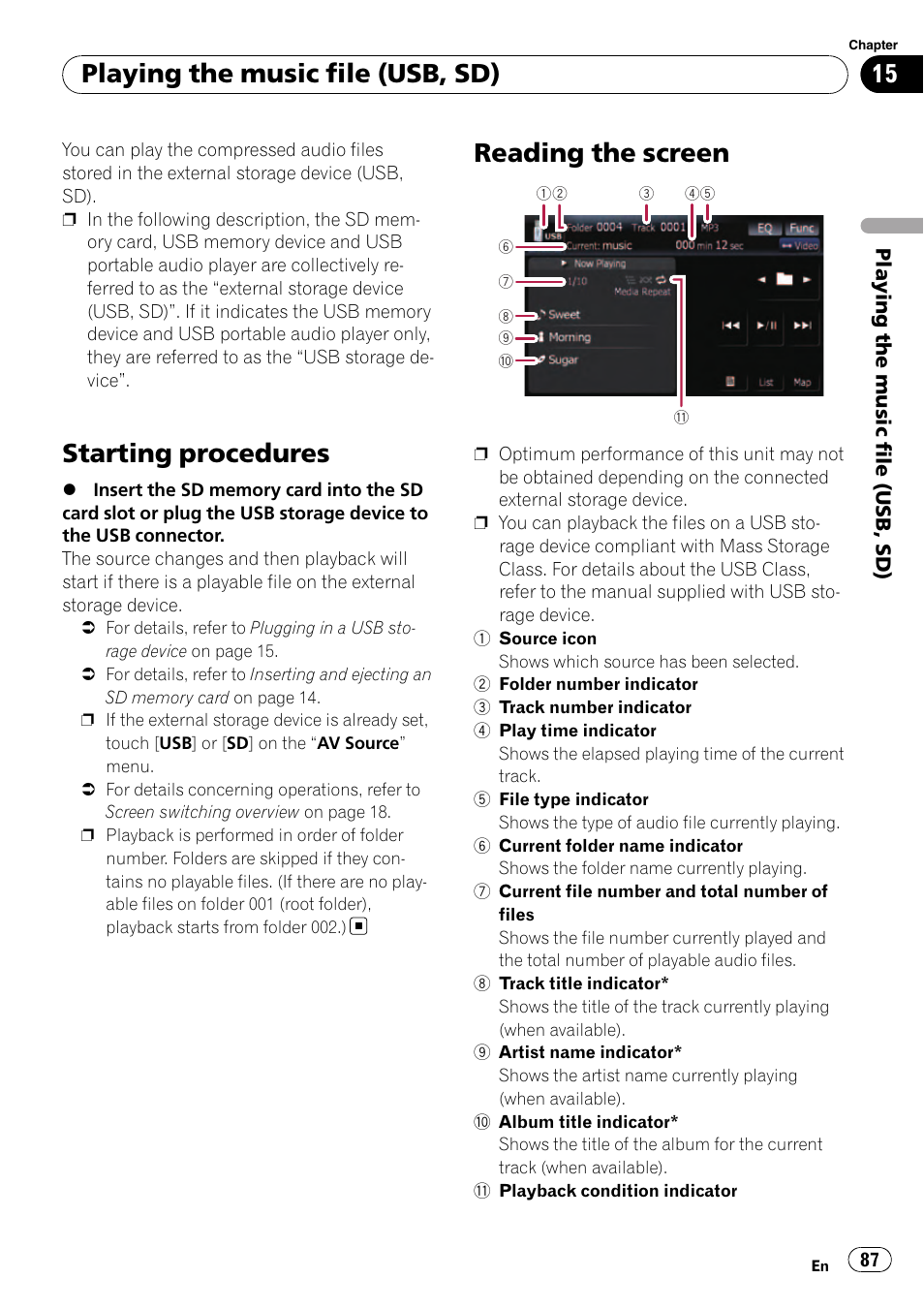 Reading the screen, Starting procedures, Playing the music file (usb, sd) | Pioneer Premier Flash Memory Multimedia AV Navigation Receiver AVIC-F90BT User Manual | Page 87 / 189