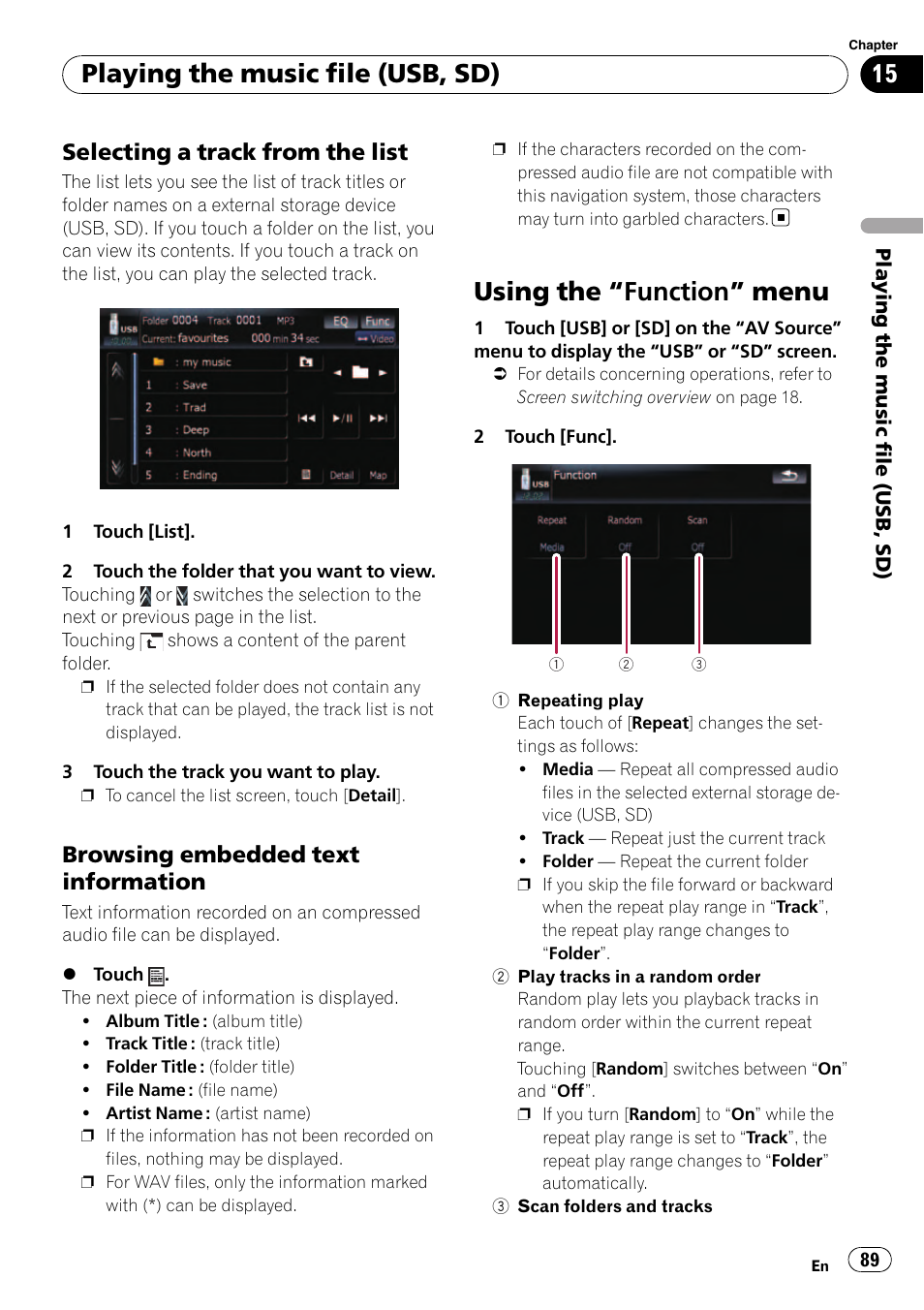 Selecting a track from the list 89, Browsing embedded text, Information | Using the, Function” menu 89, Using the “function” menu, Playing the music file (usb, sd), Selecting a track from the list, Browsing embedded text information | Pioneer Premier Flash Memory Multimedia AV Navigation Receiver AVIC-F90BT User Manual | Page 89 / 189