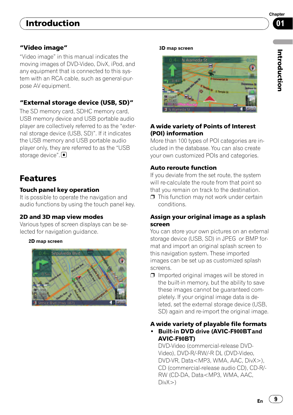 Features, Introduction | Pioneer Premier Flash Memory Multimedia AV Navigation Receiver AVIC-F90BT User Manual | Page 9 / 189