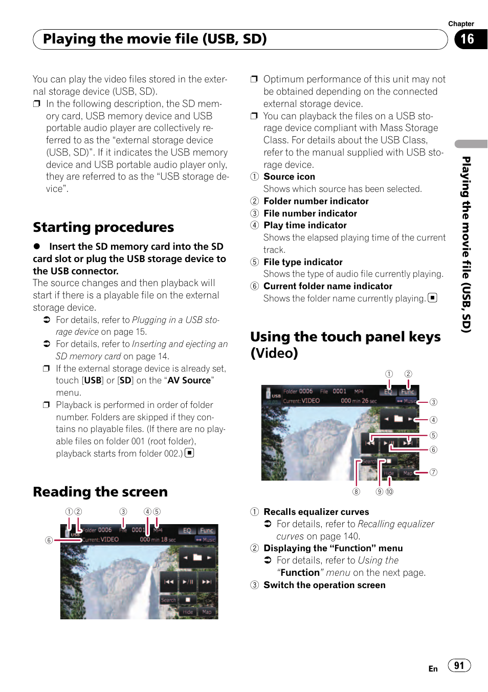 Reading the screen, Using the touch panel keys (video), Starting procedures | Playing the movie file (usb, sd) | Pioneer Premier Flash Memory Multimedia AV Navigation Receiver AVIC-F90BT User Manual | Page 91 / 189