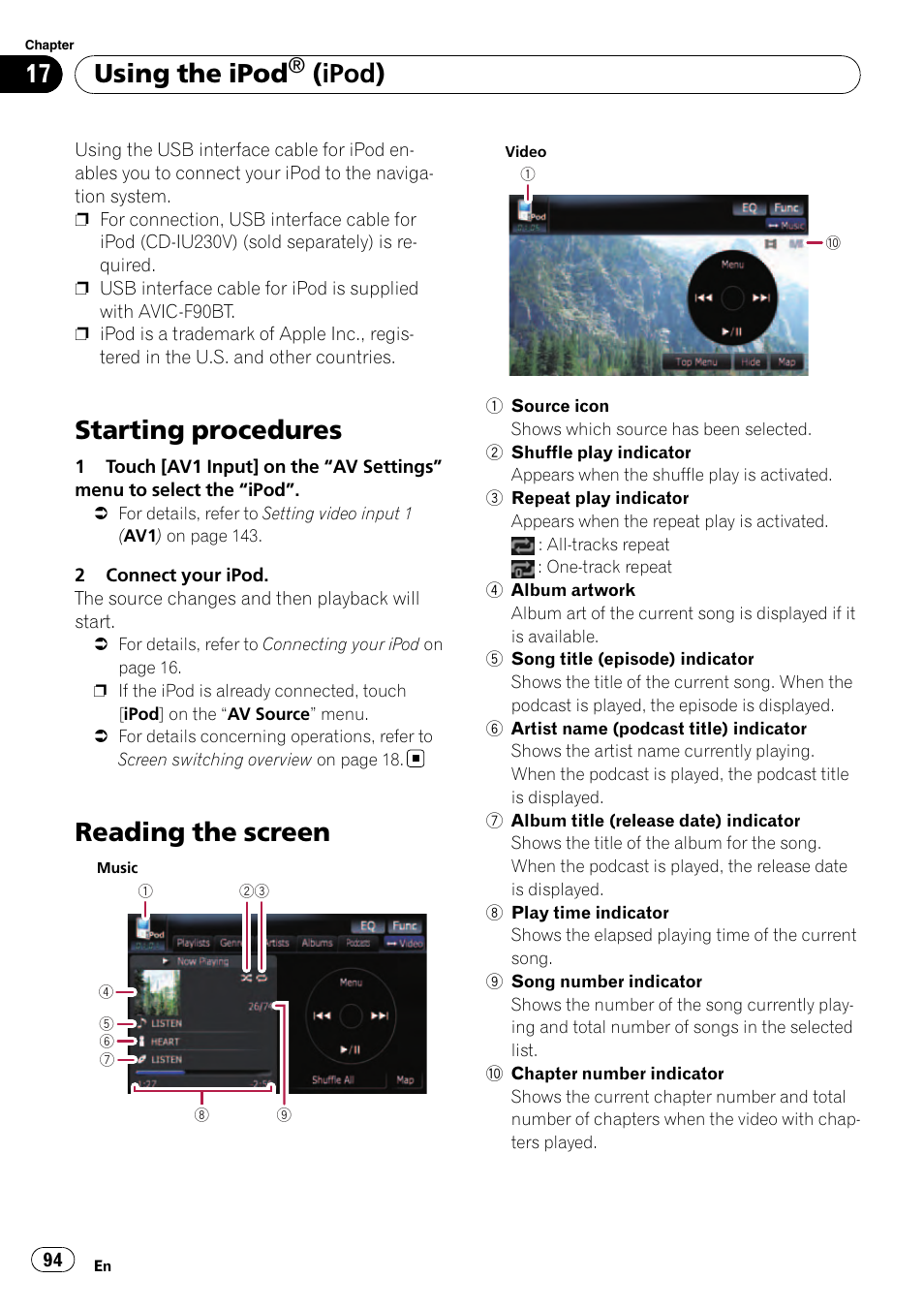 Using the ipod® (ipod) starting procedures, Reading the screen, Starting procedures | Using the ipod, Ipod) | Pioneer Premier Flash Memory Multimedia AV Navigation Receiver AVIC-F90BT User Manual | Page 94 / 189