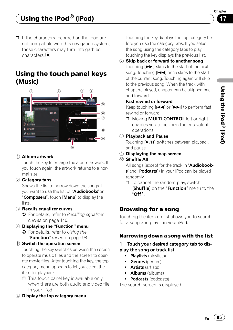 Using the touch panel keys (music), Browsing for a song 95, Using the ipod | Ipod), Browsing for a song | Pioneer Premier Flash Memory Multimedia AV Navigation Receiver AVIC-F90BT User Manual | Page 95 / 189