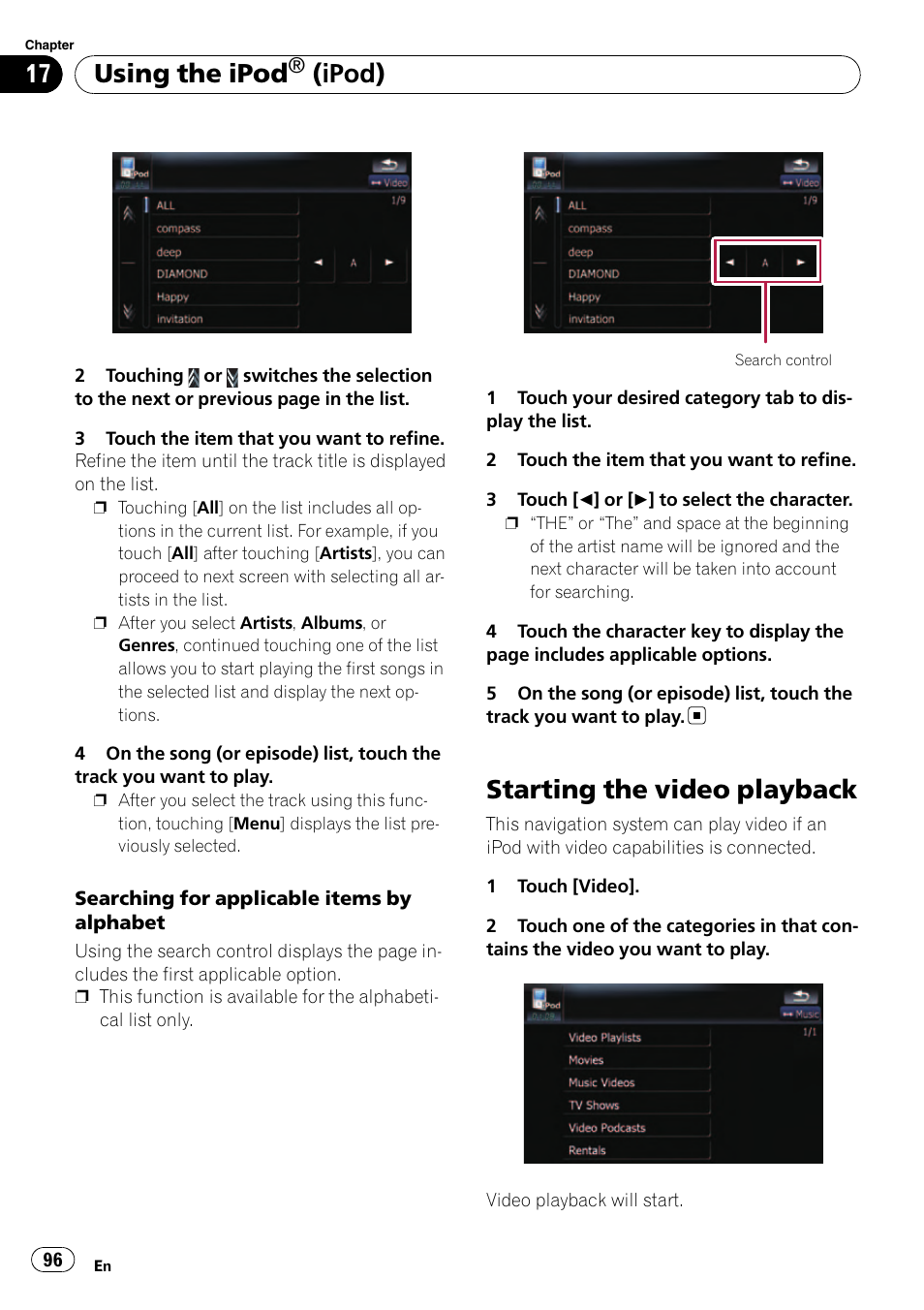 Starting the video playback, Using the ipod, Ipod) | Pioneer Premier Flash Memory Multimedia AV Navigation Receiver AVIC-F90BT User Manual | Page 96 / 189