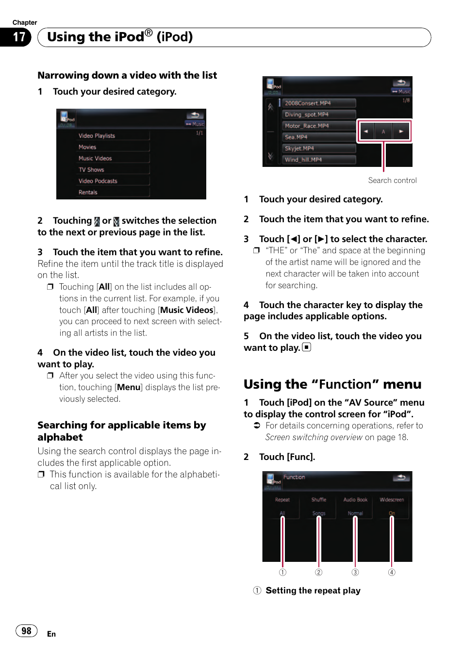 Using the, Function” menu 98, Using the “function” menu | Using the ipod, Ipod) | Pioneer Premier Flash Memory Multimedia AV Navigation Receiver AVIC-F90BT User Manual | Page 98 / 189