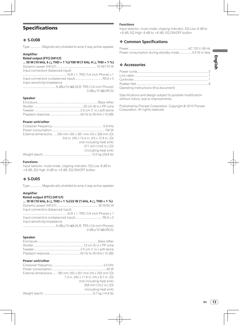 Specifications | Pioneer S-DJ08 User Manual | Page 13 / 28