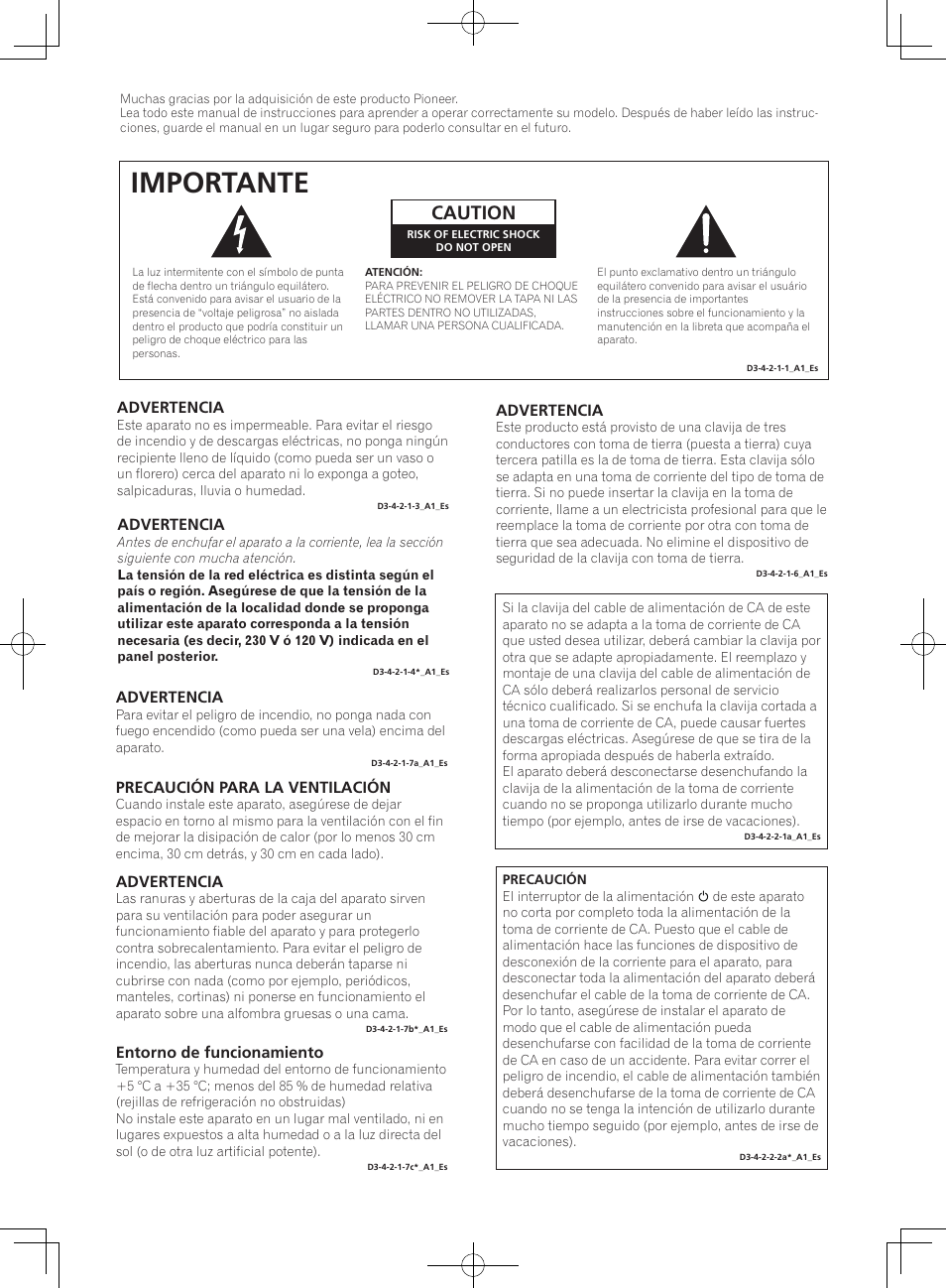 Importante, Caution, Advertencia | Entorno de funcionamiento, Precaución para la ventilación | Pioneer S-DJ08 User Manual | Page 14 / 28