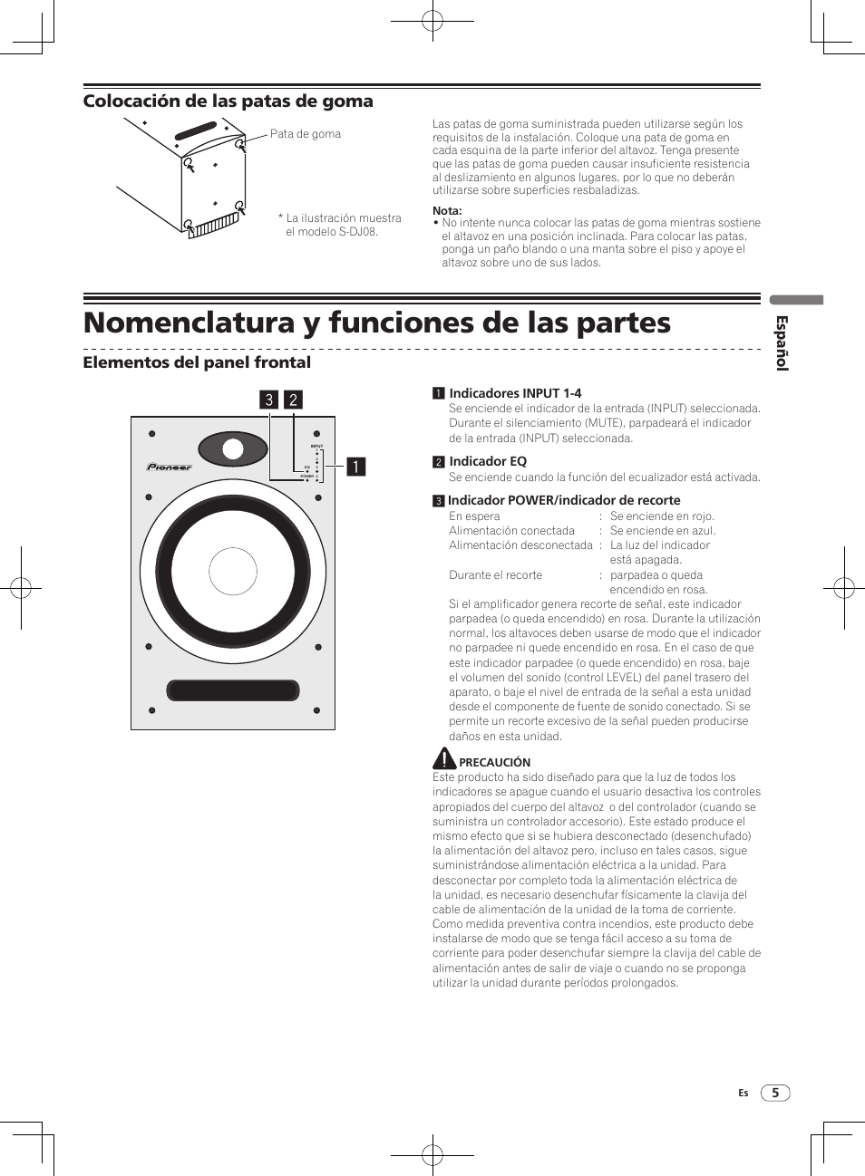 Nomenclatura y funciones de las partes, Colocación de las patas de goma, Elementos del panel frontal | Español | Pioneer S-DJ08 User Manual | Page 17 / 28