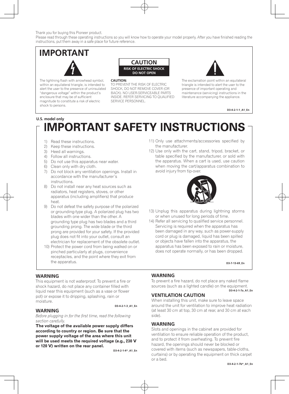 Important, Caution, Warning | Ventilation caution, Operating environment | Pioneer S-DJ08 User Manual | Page 2 / 28