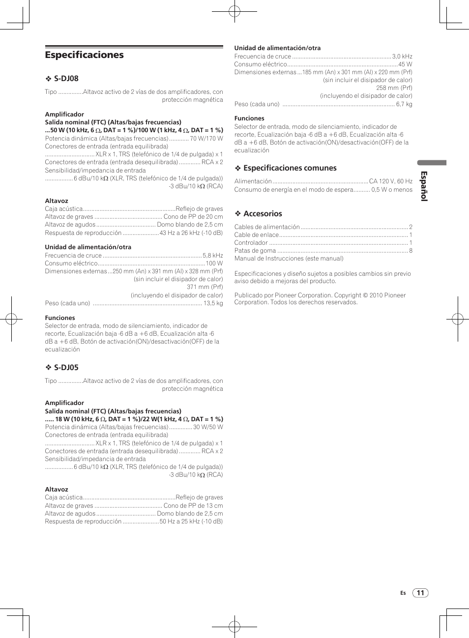 Especificaciones | Pioneer S-DJ08 User Manual | Page 23 / 28