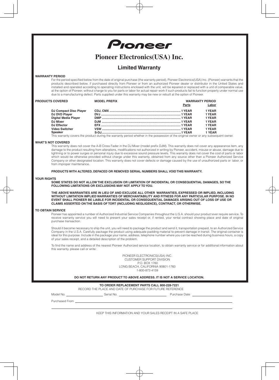 Pioneer electronics(usa) inc, Limited warranty | Pioneer S-DJ08 User Manual | Page 27 / 28