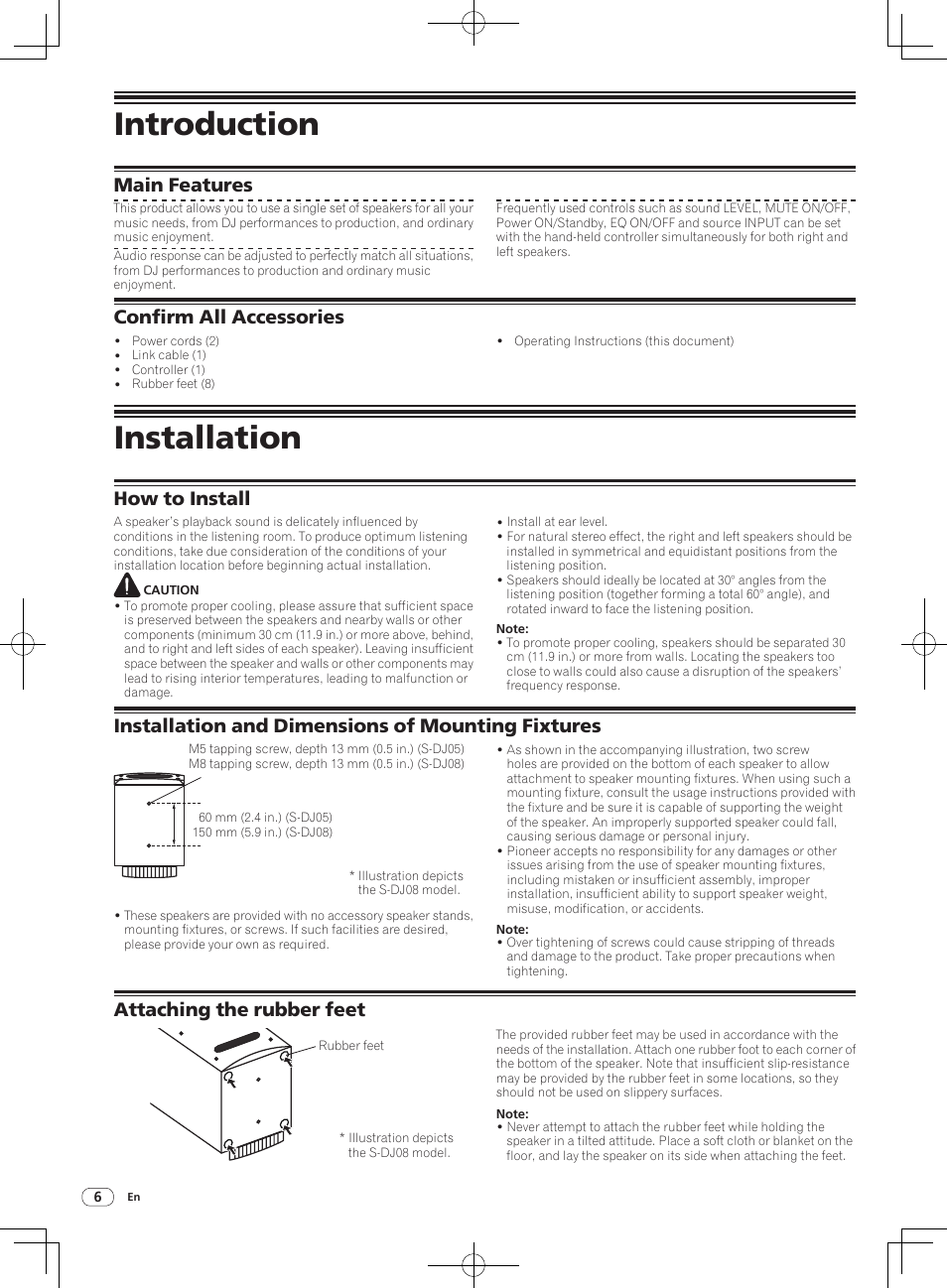 Introduction, Installation, Main features | Confirm all accessories | Pioneer S-DJ08 User Manual | Page 6 / 28