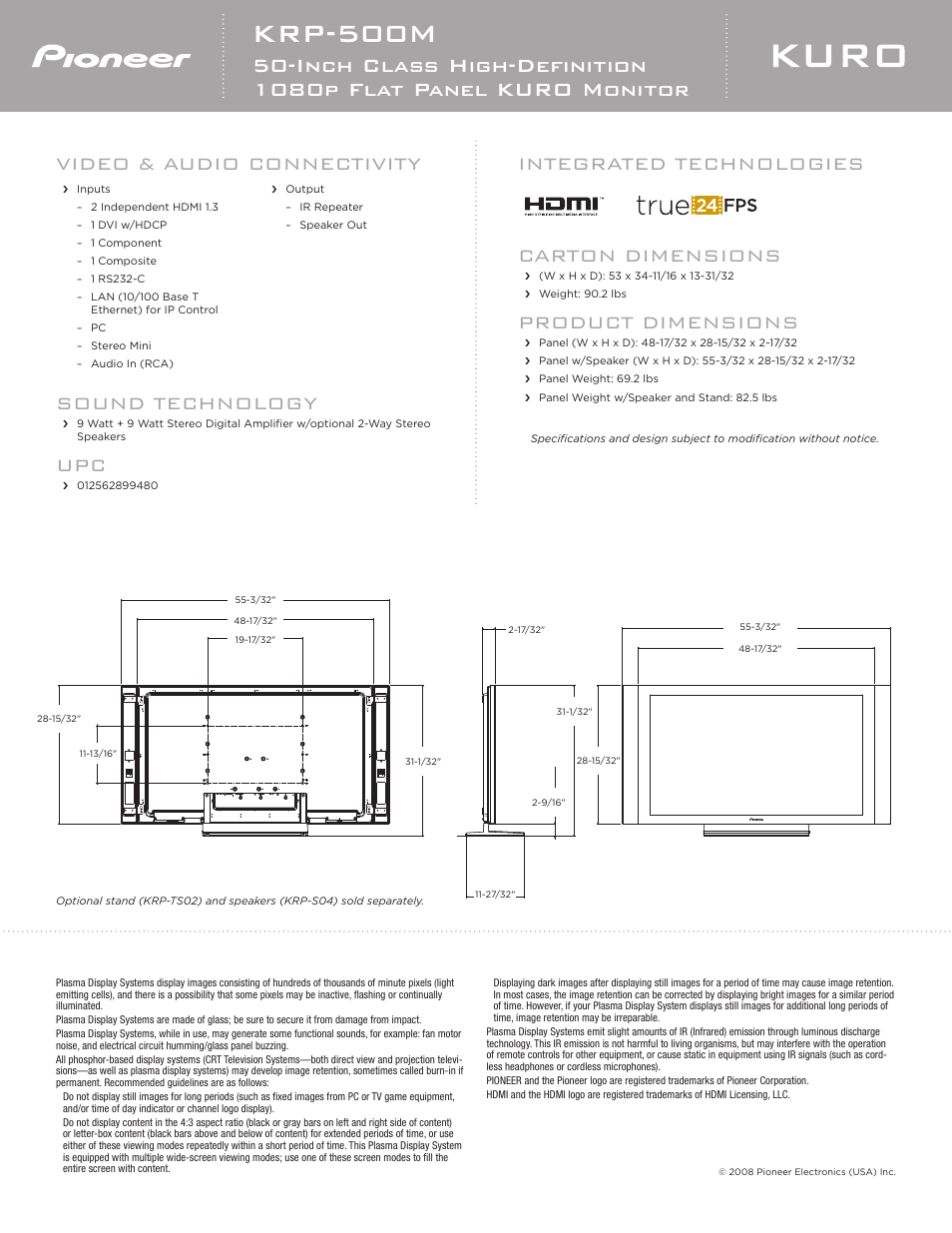 Krp-500m, Carton dimensions, Product dimensions | Integrated technologies, Sound technology, Video & audio connectivity | Pioneer KURO KRP-500M User Manual | Page 2 / 2