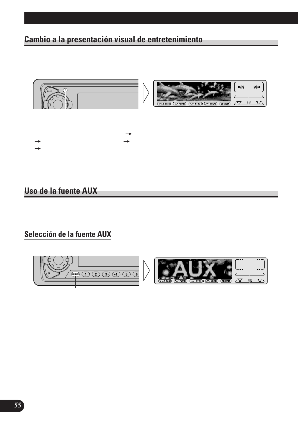 Otras funciones, Cambio a la presentación visual de, Entretenimiento | Uso de la fuente aux, Selección de la fuente aux, Ingreso de título para la fuente aux (title), Cambio a la presentación visual de entretenimiento | Pioneer DEH-P6100R User Manual | Page 116 / 124