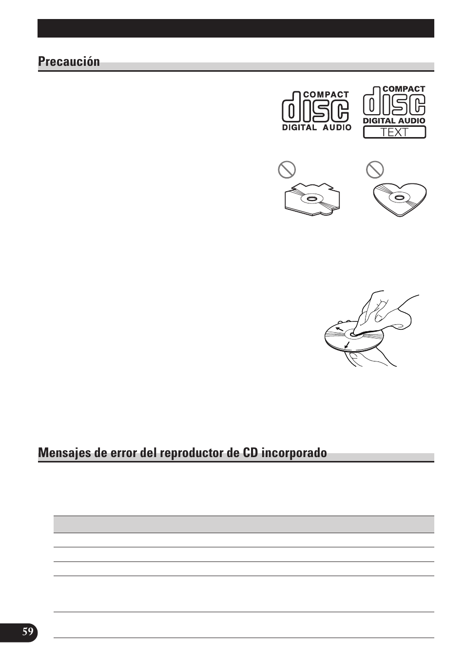 Reproductor de cd y cuidados, Precaución mensajes de error del reproductor de cd, Incorporado | A title (english) reproductor de cd y cuidados, Precaución | Pioneer DEH-P6100R User Manual | Page 120 / 124