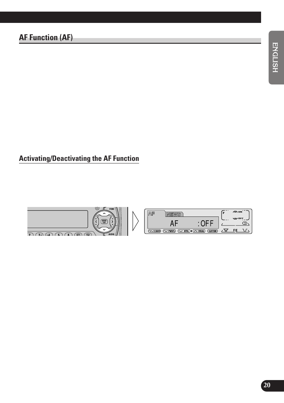 Af function (af), Activating/deactivating the af function, A title (english) | Pioneer DEH-P6100R User Manual | Page 21 / 124