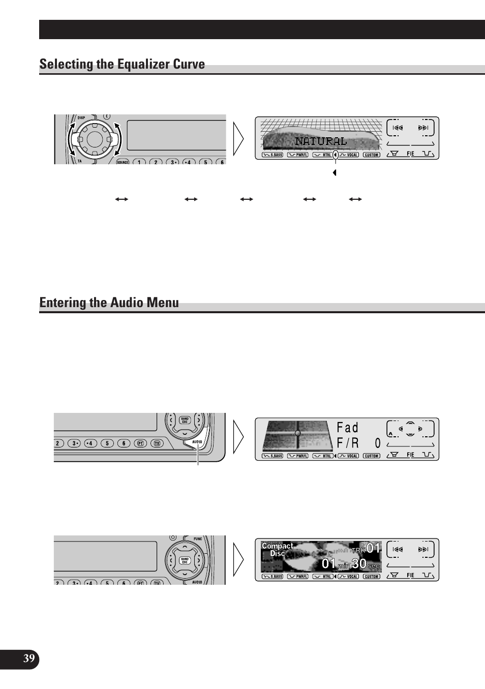 Audio adjustment, A title (english) audio adjustment, Selecting the equalizer curve | Entering the audio menu | Pioneer DEH-P6100R User Manual | Page 40 / 124