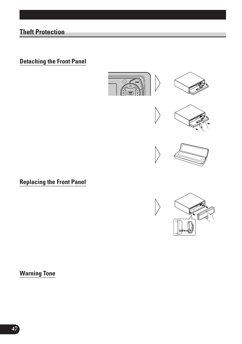 Detaching and replacing the, Front panel, Theft protection | Detaching the front panel, Replacing the front panel, Warning tone, Detaching and replacing the front panel | Pioneer DEH-P6100R User Manual | Page 48 / 124