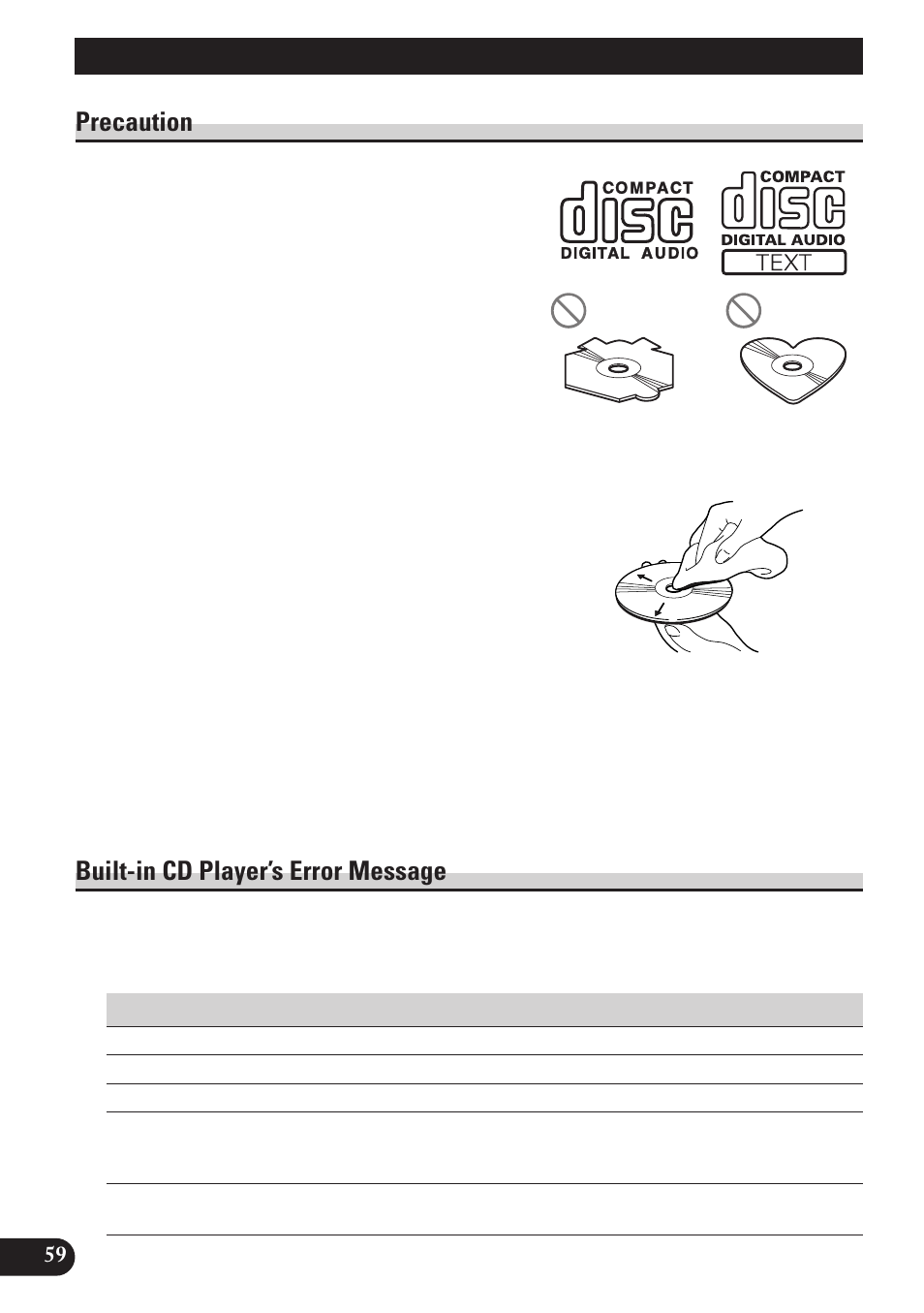 Cd player and care, Precaution built-in cd player’s error message, A title (english) cd player and care | Precaution, Built-in cd player’s error message | Pioneer DEH-P6100R User Manual | Page 60 / 124