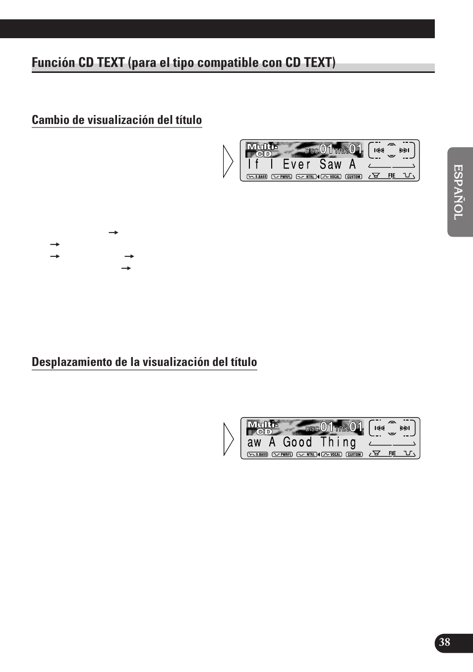 Función cd text (para el tipo compatible, Con cd text), Cambio de visualización del título | Desplazamiento de la visualización del título, A title (english) | Pioneer DEH-P6100R User Manual | Page 99 / 124