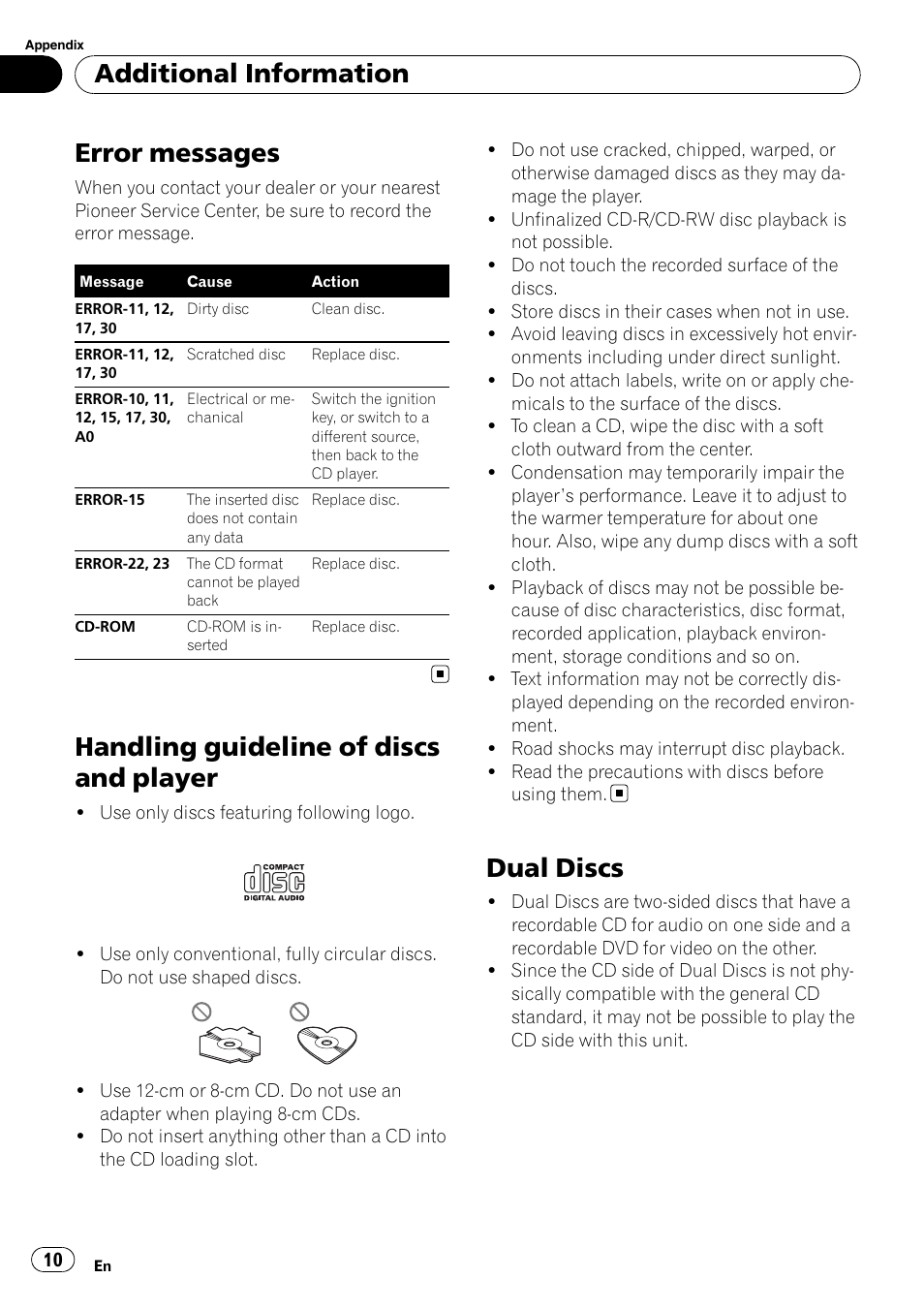 Additional information error messages, Handling guideline of discs and player, Dual discs | Error messages, Additional information | Pioneer Super Tuner III D DEH-1050E User Manual | Page 10 / 56