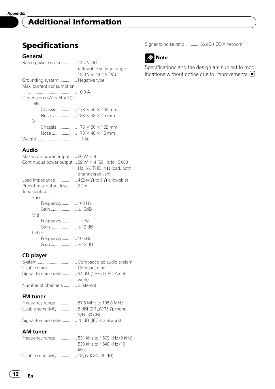 Specifications, Additional information | Pioneer Super Tuner III D DEH-1050E User Manual | Page 12 / 56