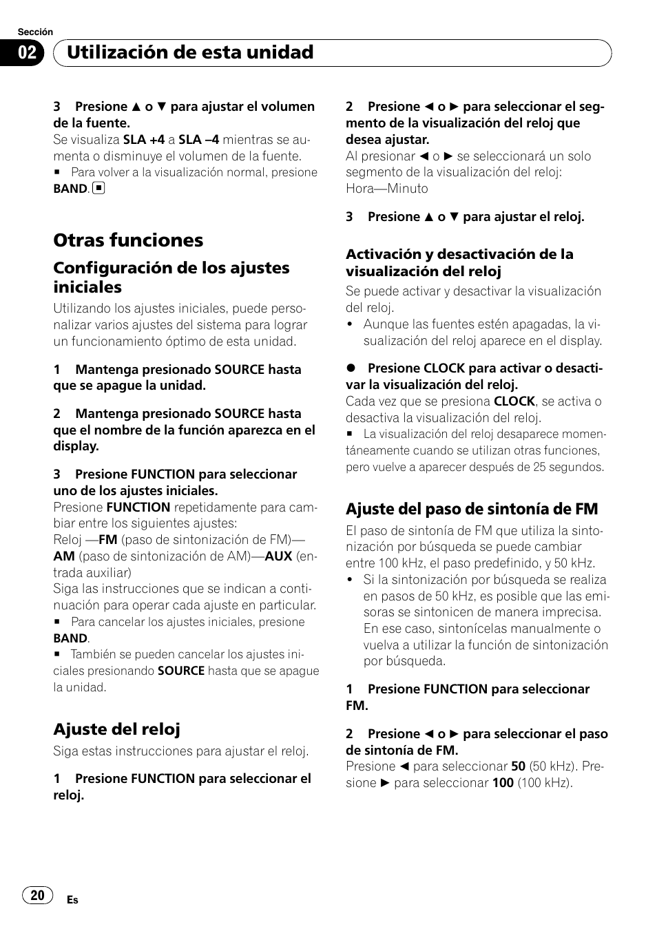 Otras funciones, Configuración de los ajustes, Iniciales | Ajuste del reloj 20, Ajuste del paso de sintonía de fm 20, Utilización de esta unidad, Configuración de los ajustes iniciales, Ajuste del reloj, Ajuste del paso de sintonía de fm | Pioneer Super Tuner III D DEH-1050E User Manual | Page 20 / 56