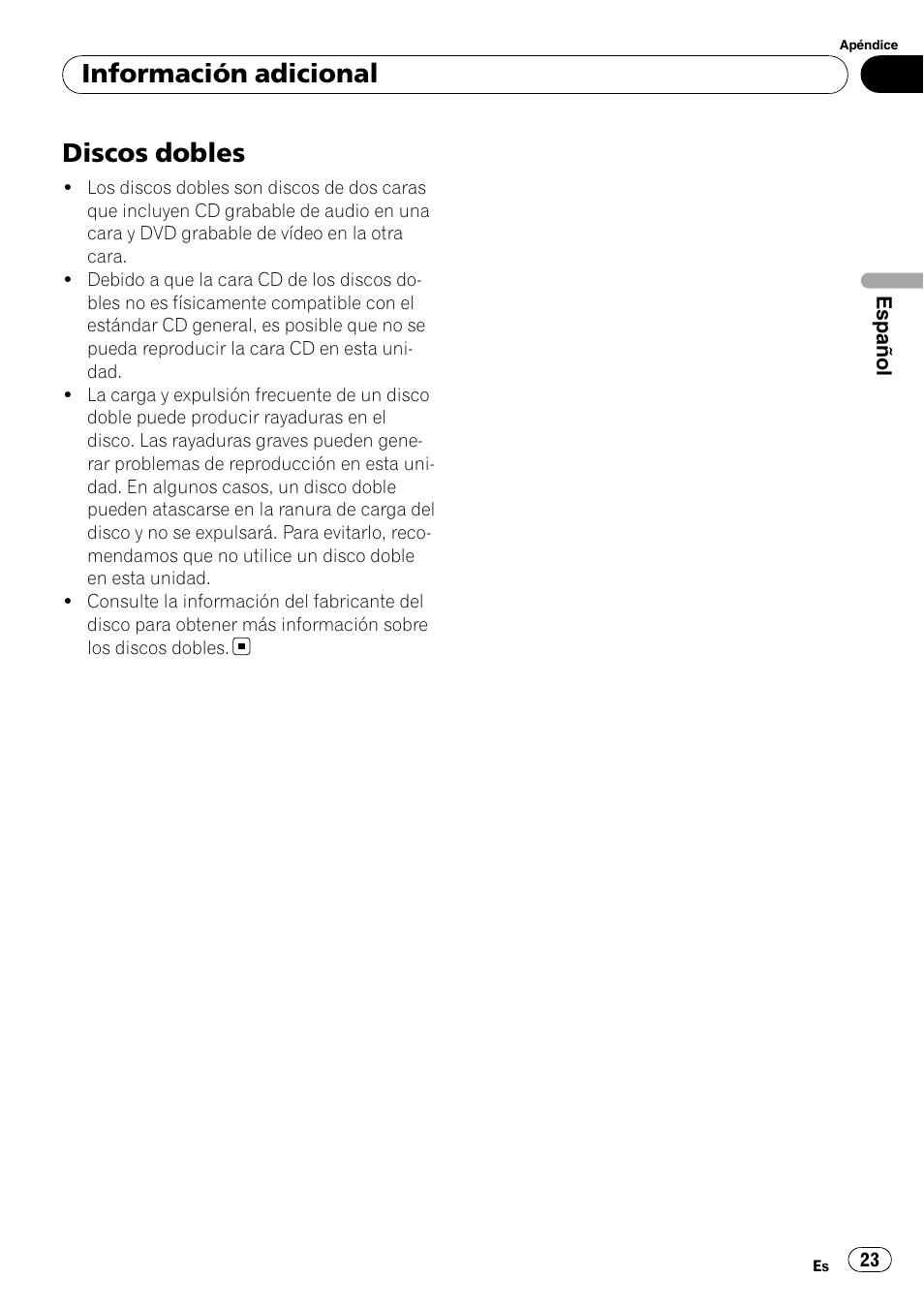 Discos dobles, Información adicional | Pioneer Super Tuner III D DEH-1050E User Manual | Page 23 / 56