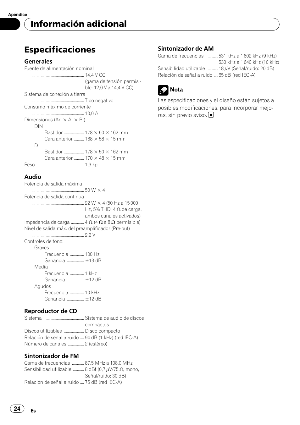 Especificaciones, Información adicional | Pioneer Super Tuner III D DEH-1050E User Manual | Page 24 / 56