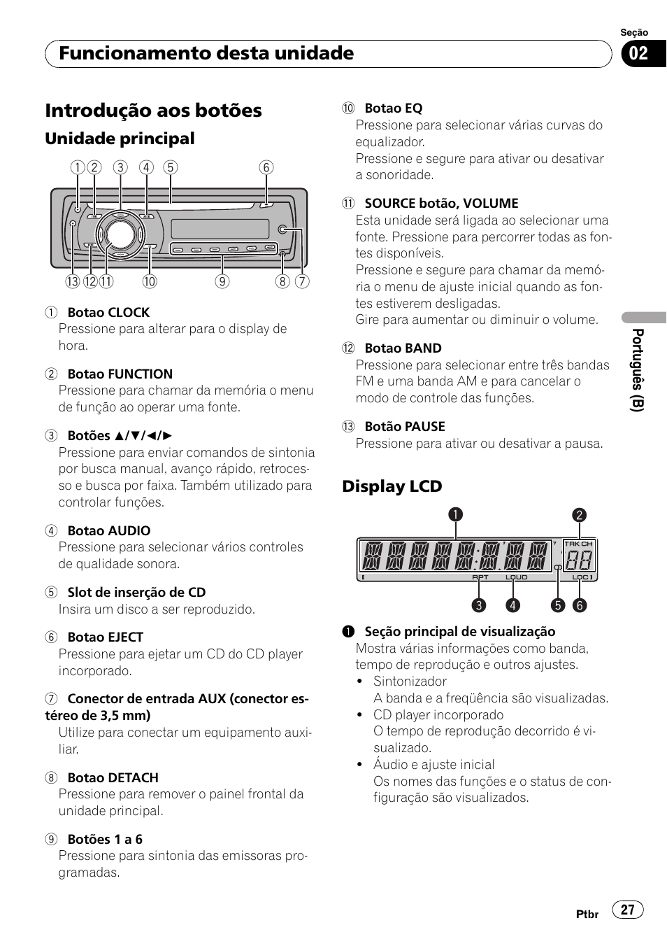 Funcionamento desta unidade introdução aos botões, Unidade principal 27, Display lcd 27 | Introdução aos botões, Funcionamento desta unidade | Pioneer Super Tuner III D DEH-1050E User Manual | Page 27 / 56