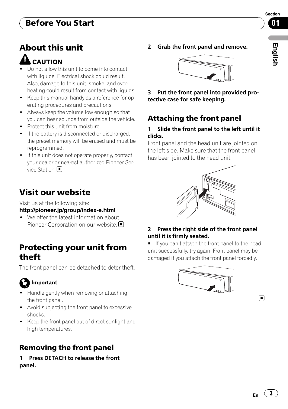 Before you start, About this unit, Visit our website | Protecting your unit from theft, Removing the front panel 3, Attaching the front panel 3, Removing the front panel, Attaching the front panel | Pioneer Super Tuner III D DEH-1050E User Manual | Page 3 / 56