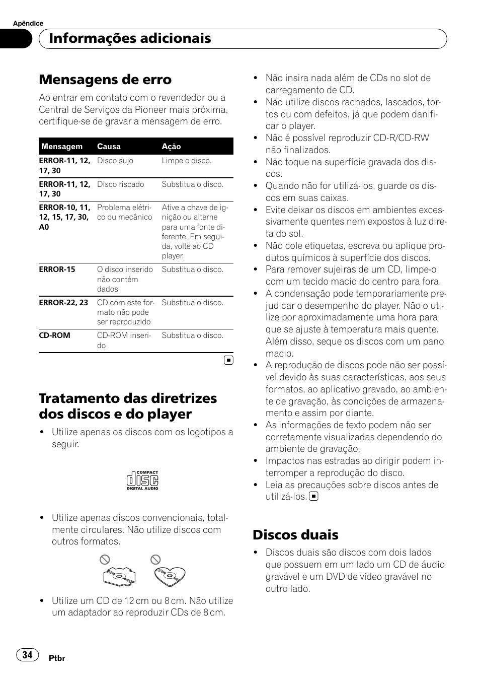 Informações adicionais mensagens de erro, Tratamento das diretrizes dos discos e do, Player | Discos duais, Mensagens de erro, Tratamento das diretrizes dos discos e do player, Informações adicionais | Pioneer Super Tuner III D DEH-1050E User Manual | Page 34 / 56
