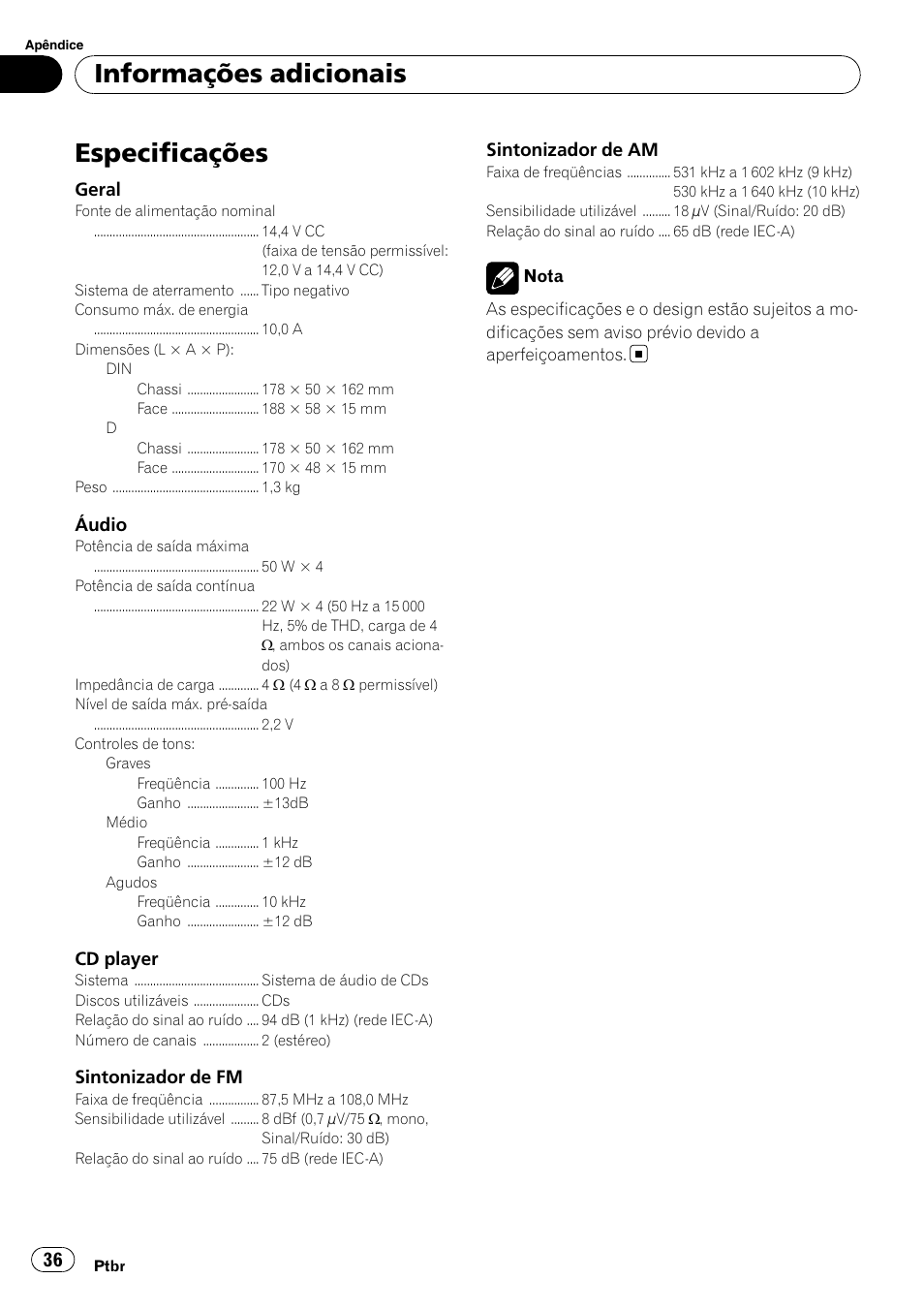 Especificações, Informações adicionais | Pioneer Super Tuner III D DEH-1050E User Manual | Page 36 / 56