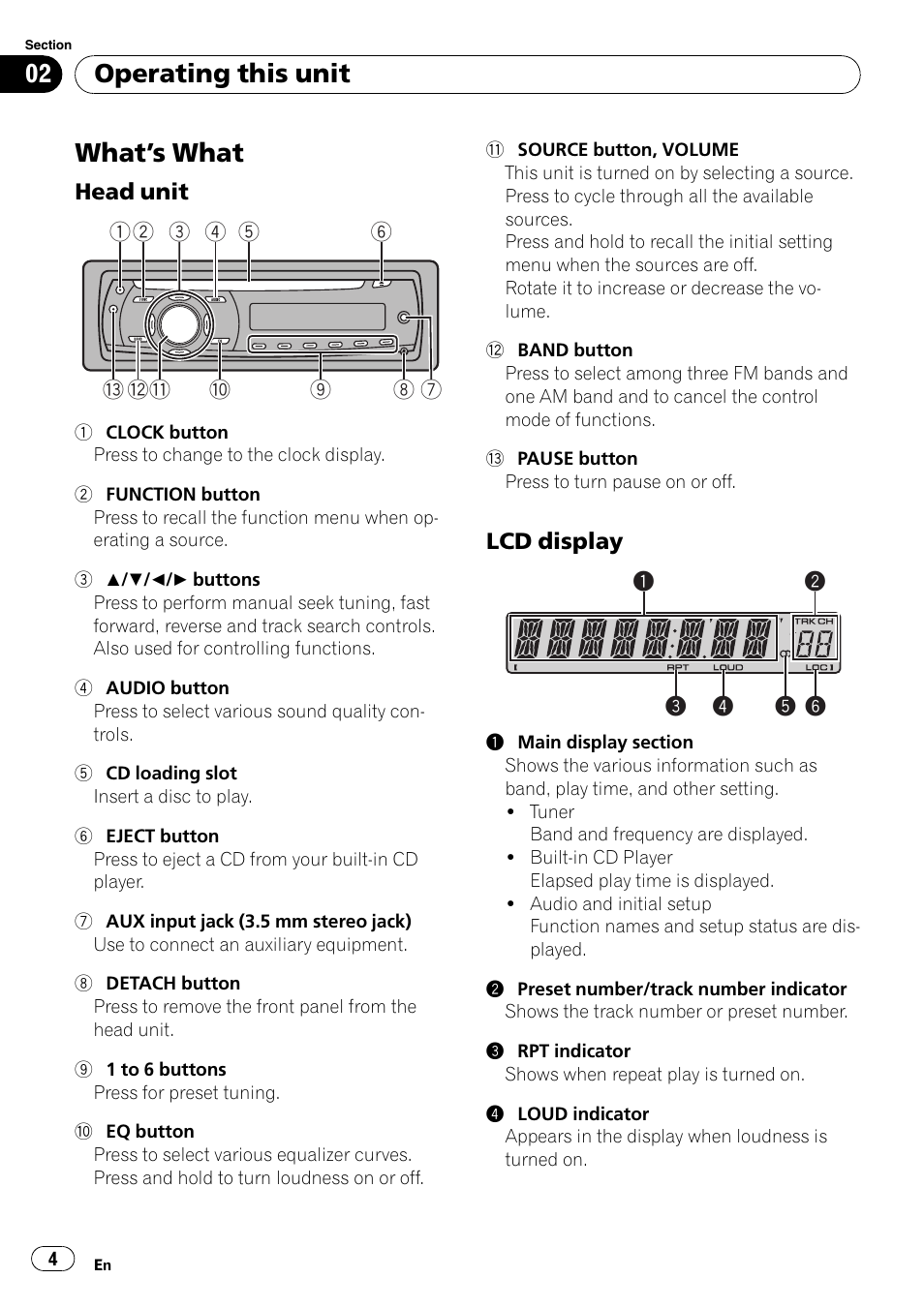 Operating this unit what, S what 4, Head unit 4 | Lcd display 4, What ’ s what, Operating this unit | Pioneer Super Tuner III D DEH-1050E User Manual | Page 4 / 56