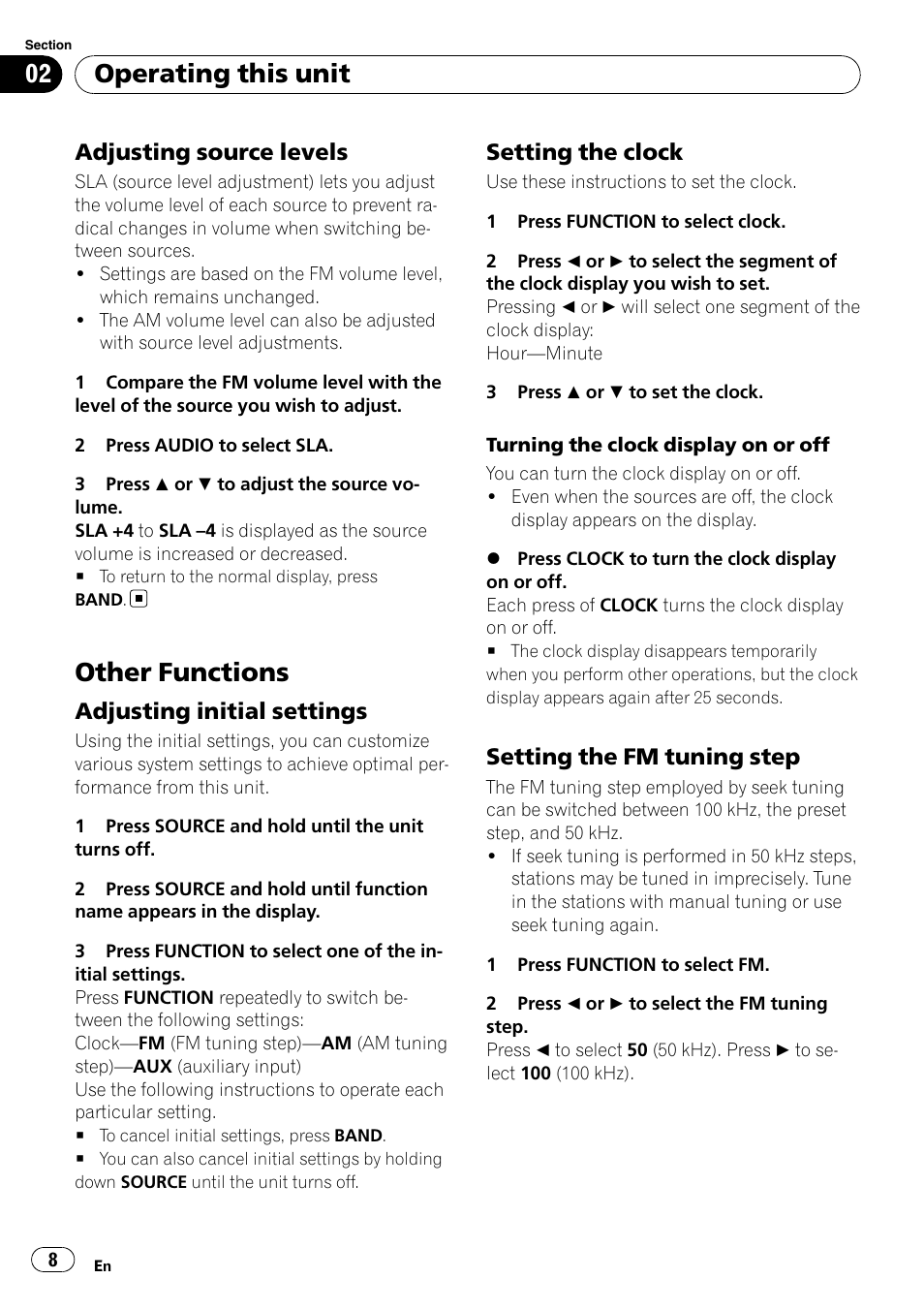 Adjusting source levels 8, Other functions, Adjusting initial settings 8 | Setting the clock 8, Setting the fm tuning step 8, Operating this unit, Adjusting source levels, Adjusting initial settings, Setting the clock, Setting the fm tuning step | Pioneer Super Tuner III D DEH-1050E User Manual | Page 8 / 56