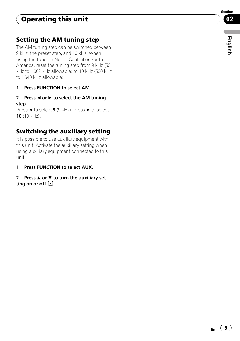 Setting the am tuning step 9, Switching the auxiliary setting 9, Operating this unit | Pioneer Super Tuner III D DEH-1050E User Manual | Page 9 / 56