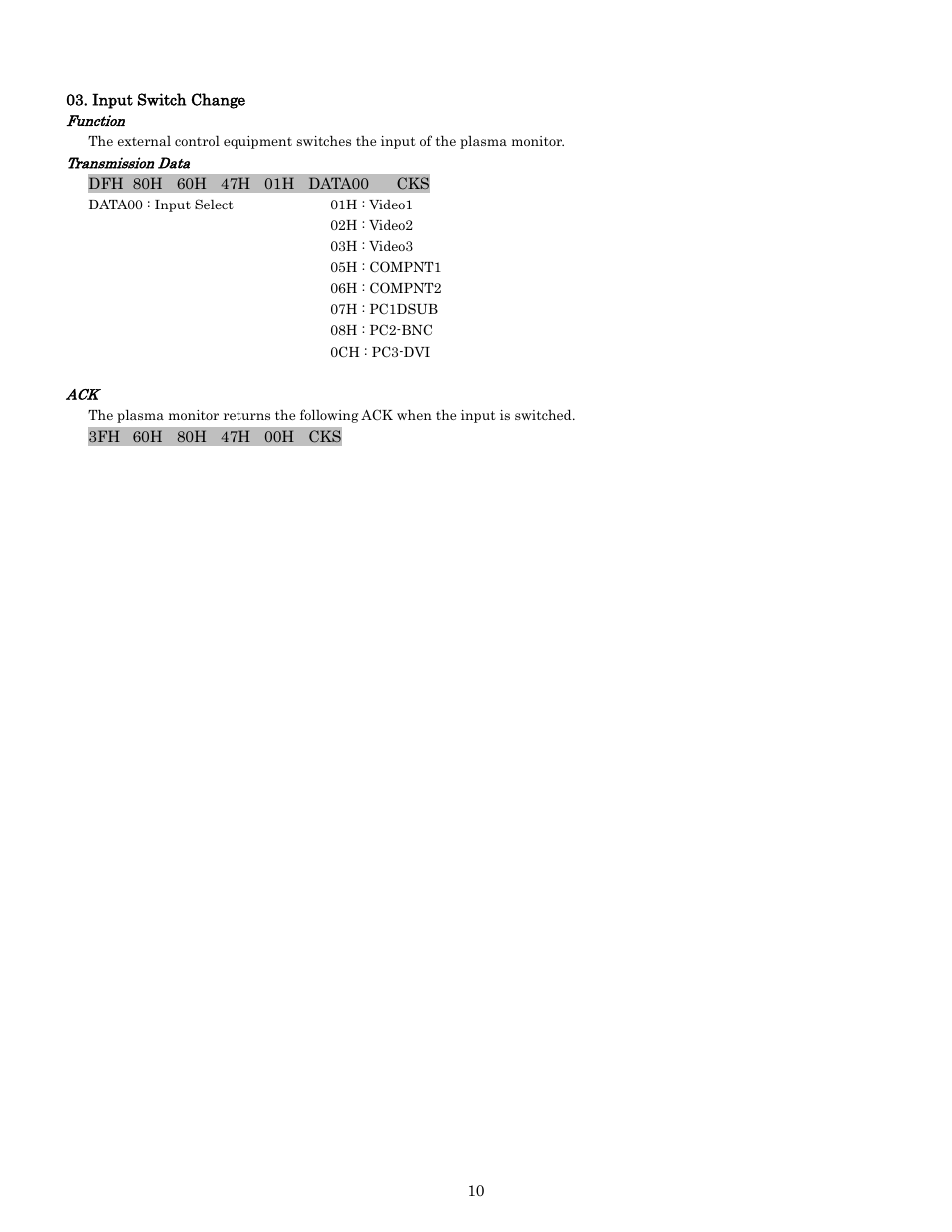 Pdp-614mx external control manual | Pioneer PDP-614MX External Control Manual RS-232C User Manual | Page 10 / 60