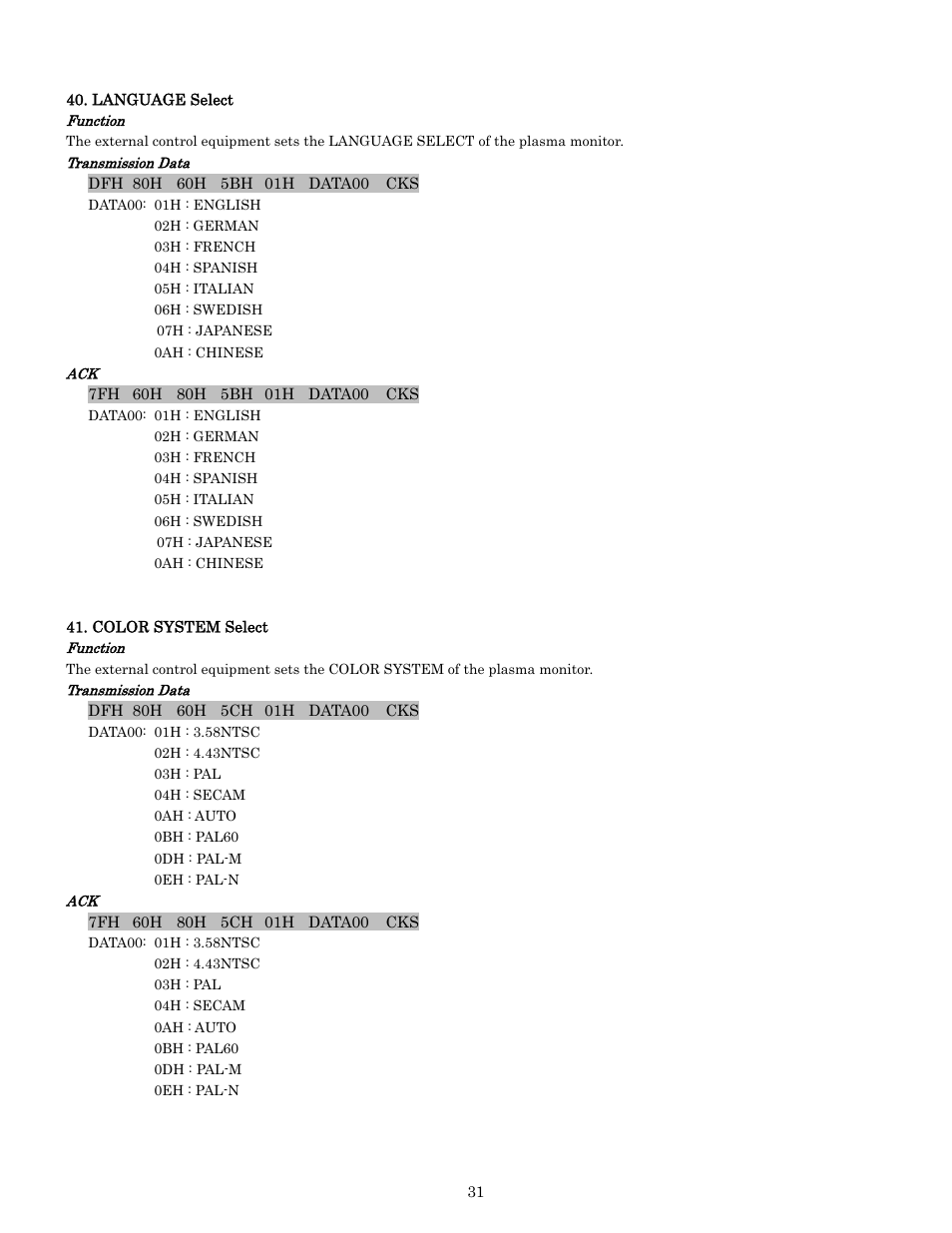 Pdp-614mx external control manual | Pioneer PDP-614MX External Control Manual RS-232C User Manual | Page 31 / 60