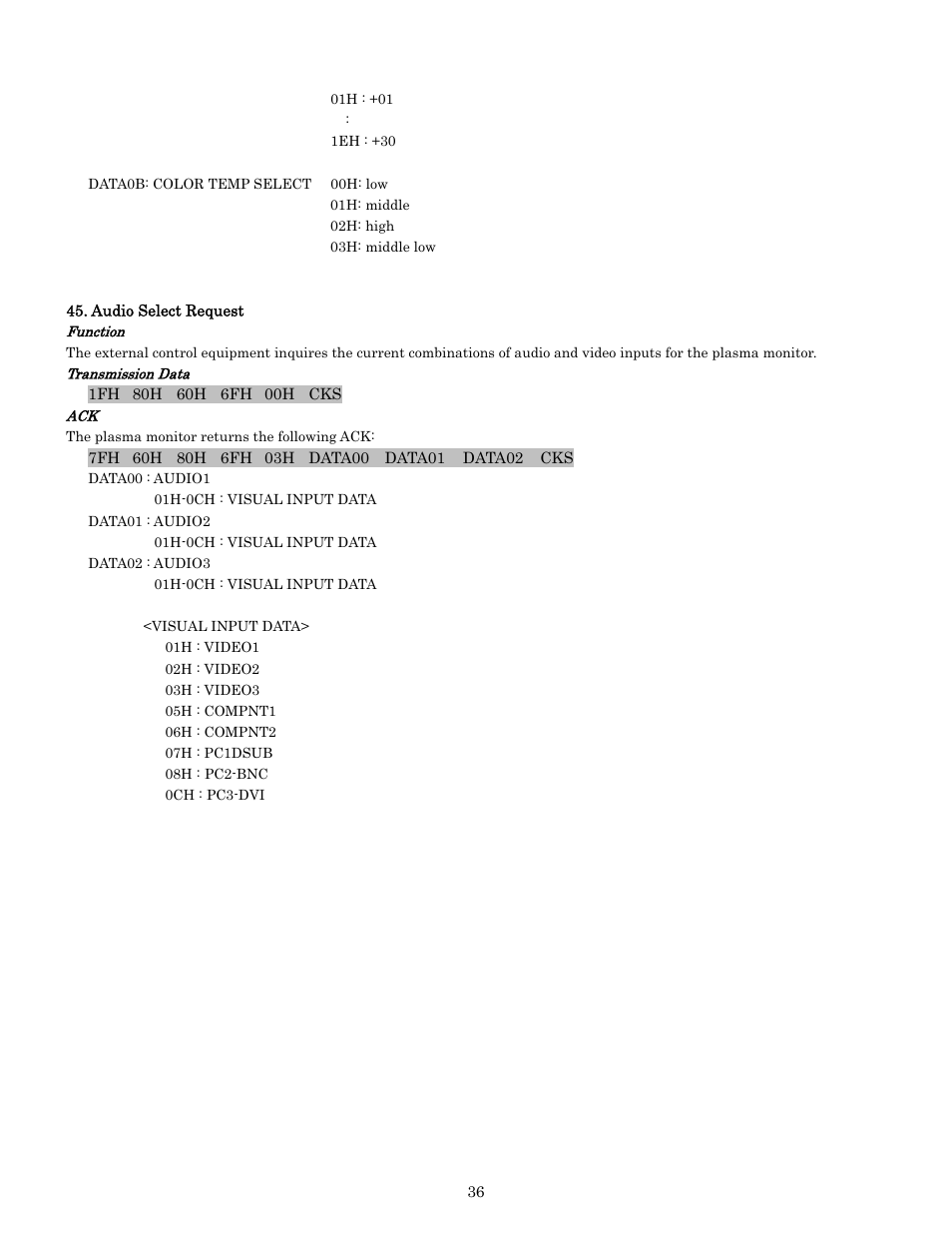 Pdp-614mx external control manual | Pioneer PDP-614MX External Control Manual RS-232C User Manual | Page 36 / 60