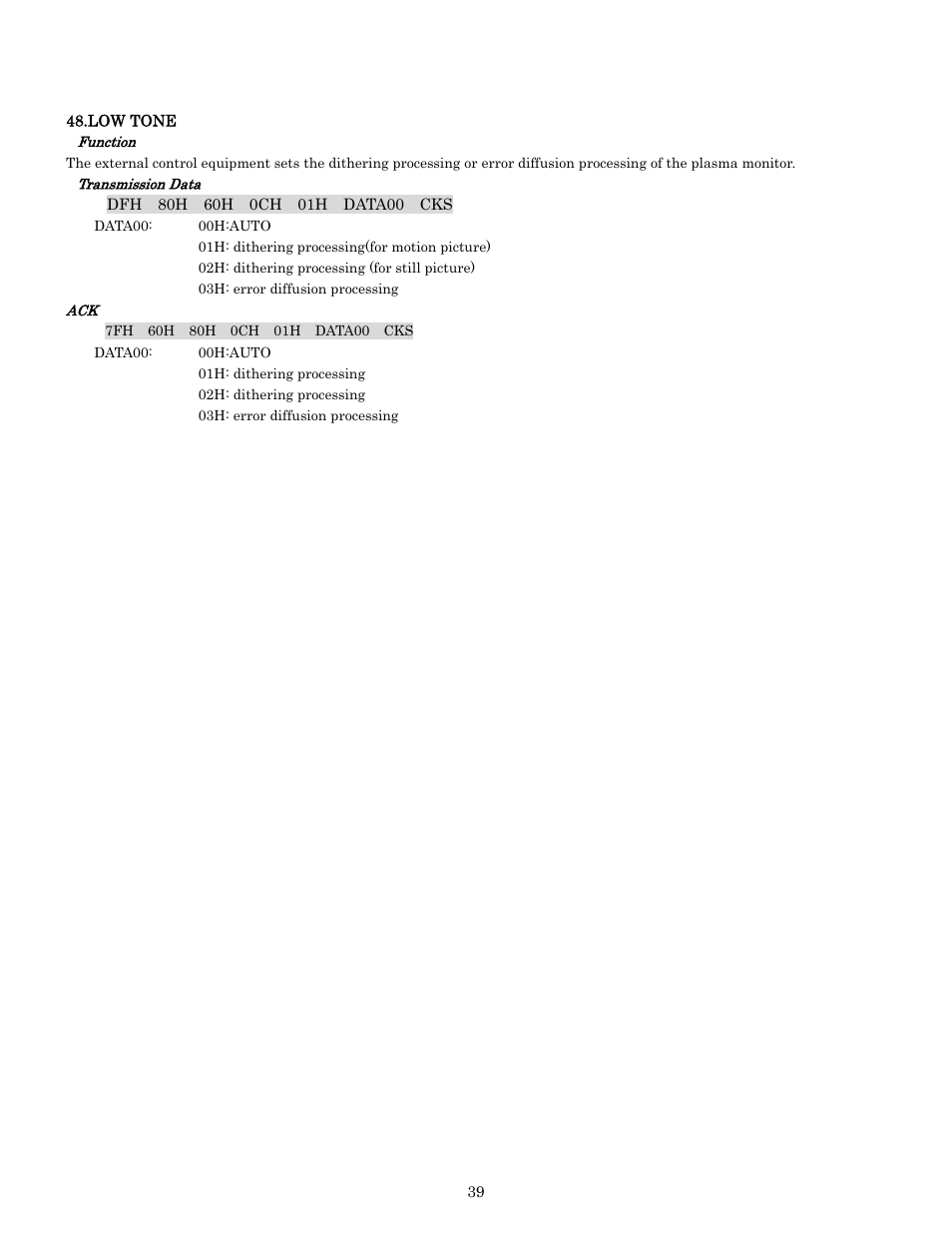 Low tone, Pdp-614mx external control manual | Pioneer PDP-614MX External Control Manual RS-232C User Manual | Page 39 / 60