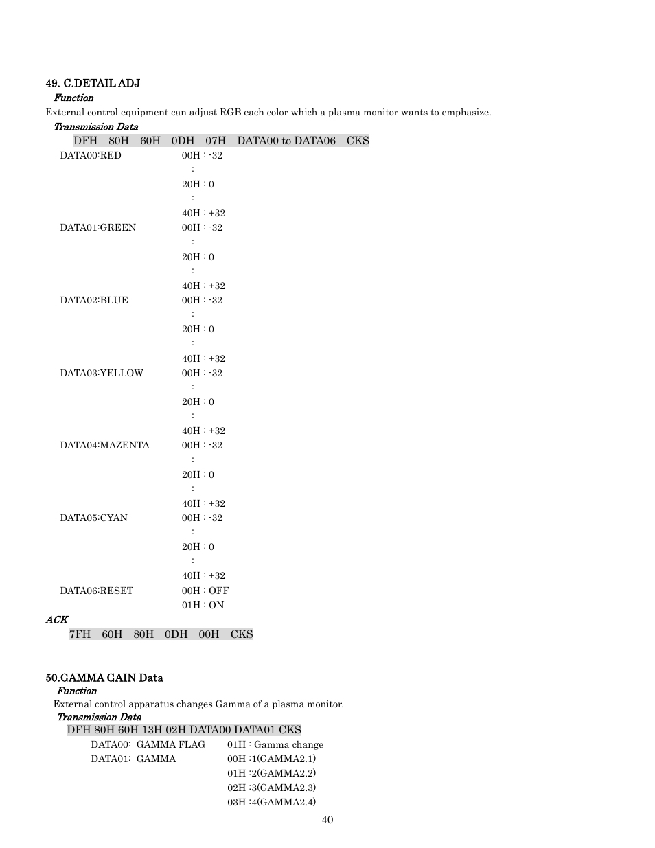 C.detail adj, Pdp-614mx external control manual | Pioneer PDP-614MX External Control Manual RS-232C User Manual | Page 40 / 60