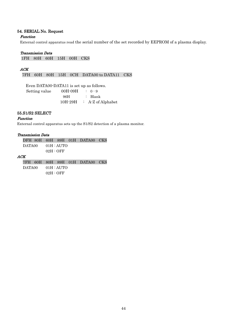 Pdp-614mx external control manual | Pioneer PDP-614MX External Control Manual RS-232C User Manual | Page 44 / 60