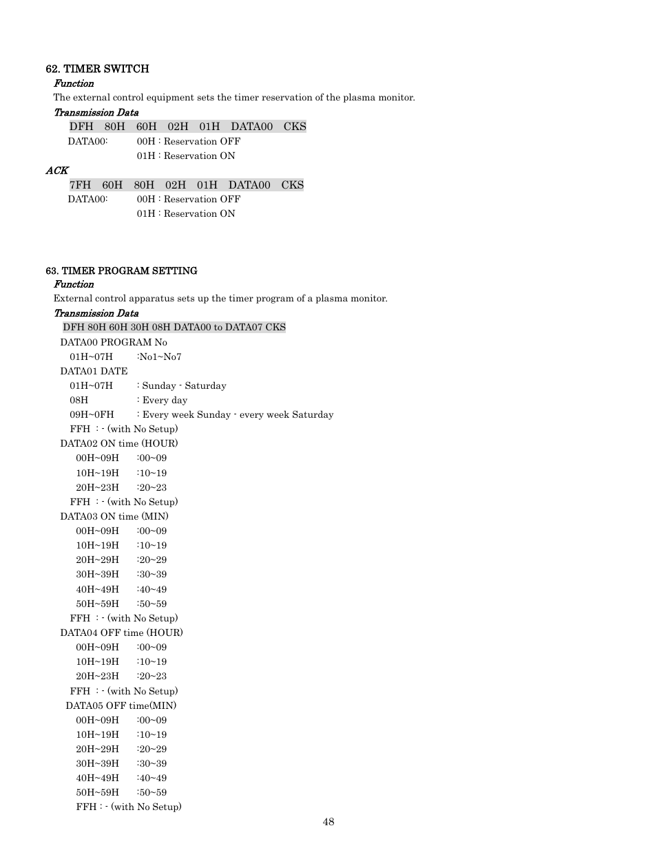 Timer switch, Pdp-614mx external control manual | Pioneer PDP-614MX External Control Manual RS-232C User Manual | Page 48 / 60